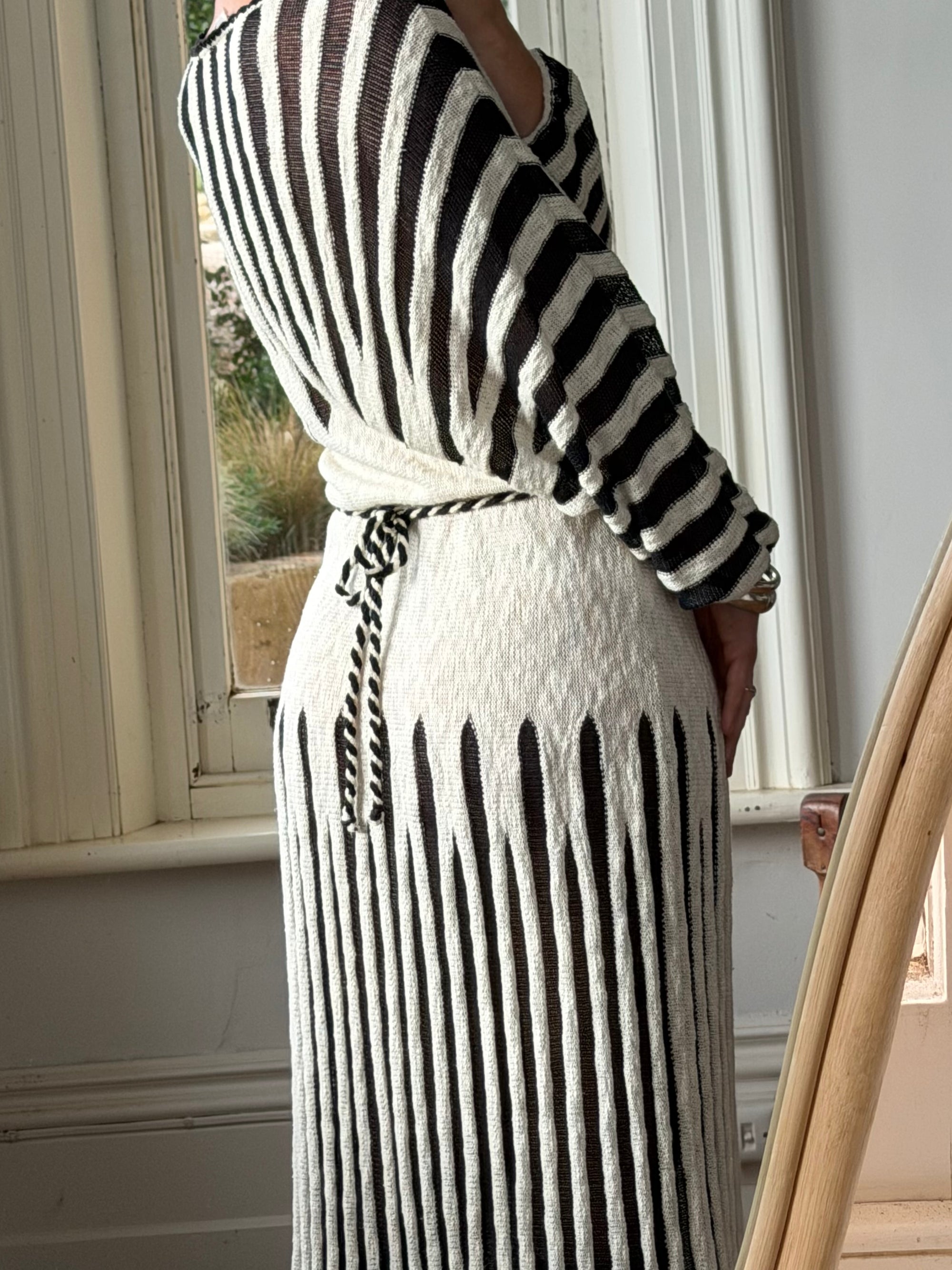 Vintage 70s Knit Batwing Midi Dress Black and Cream