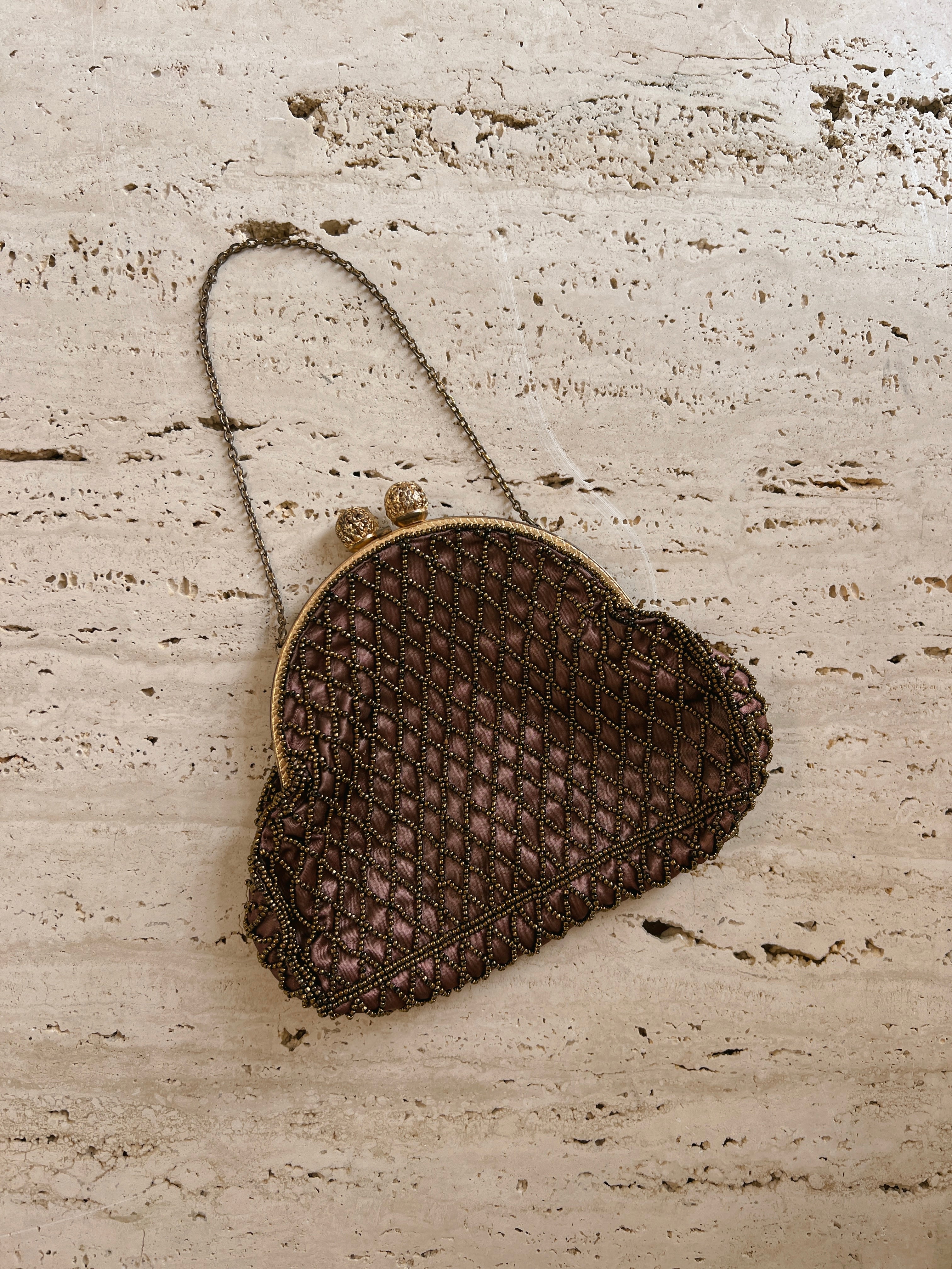 Vintage Brown Satin Beaded Petite Purse