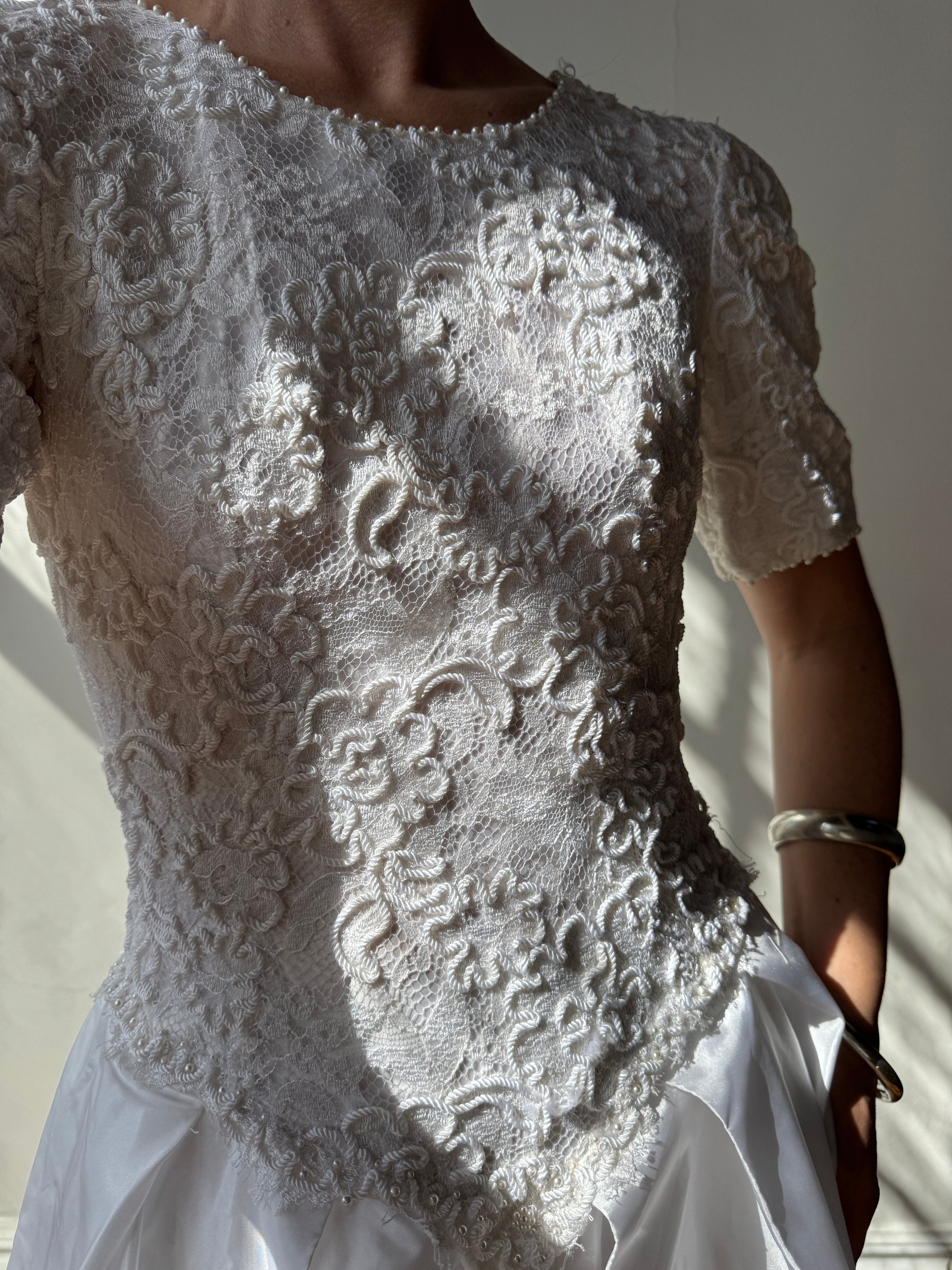 Vintage 80s Rope Embroidered Taffeta Wedding Gown