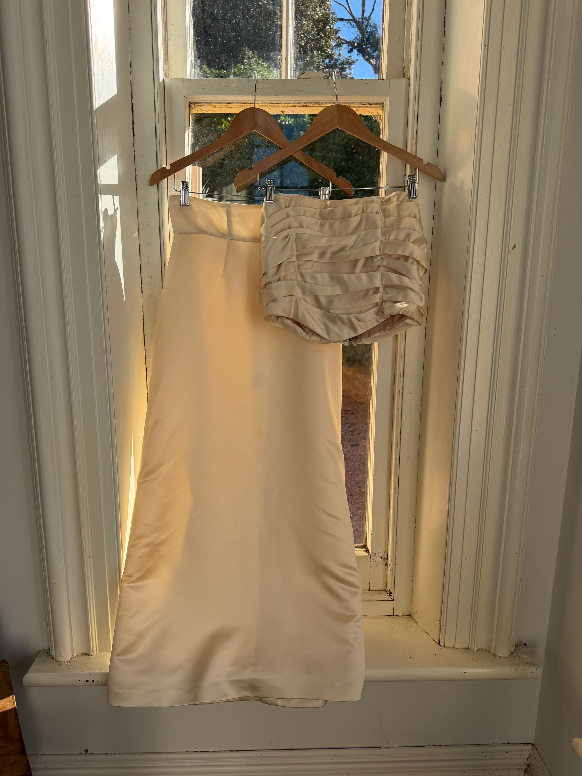 Vintage 90s Ruched Satin Two Piece Bridal Set Champagne
