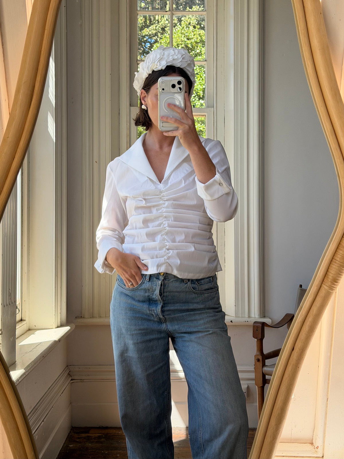 Vintage 90s Structured Collar Gathered Blouse Crisp White