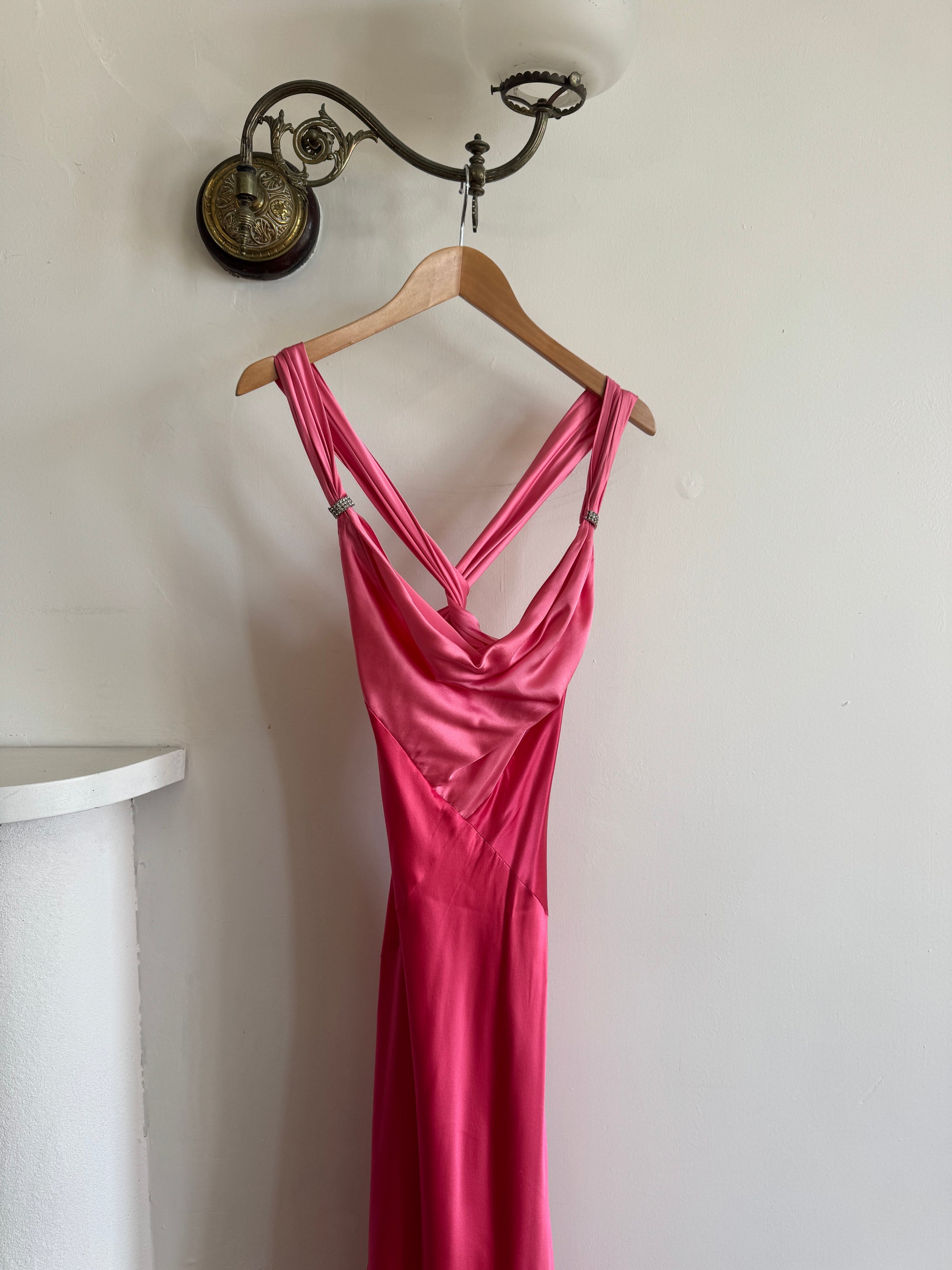 Vintage 90s Pure Silk Bias Cut Slip Dress With Rhinestones Hot Pink