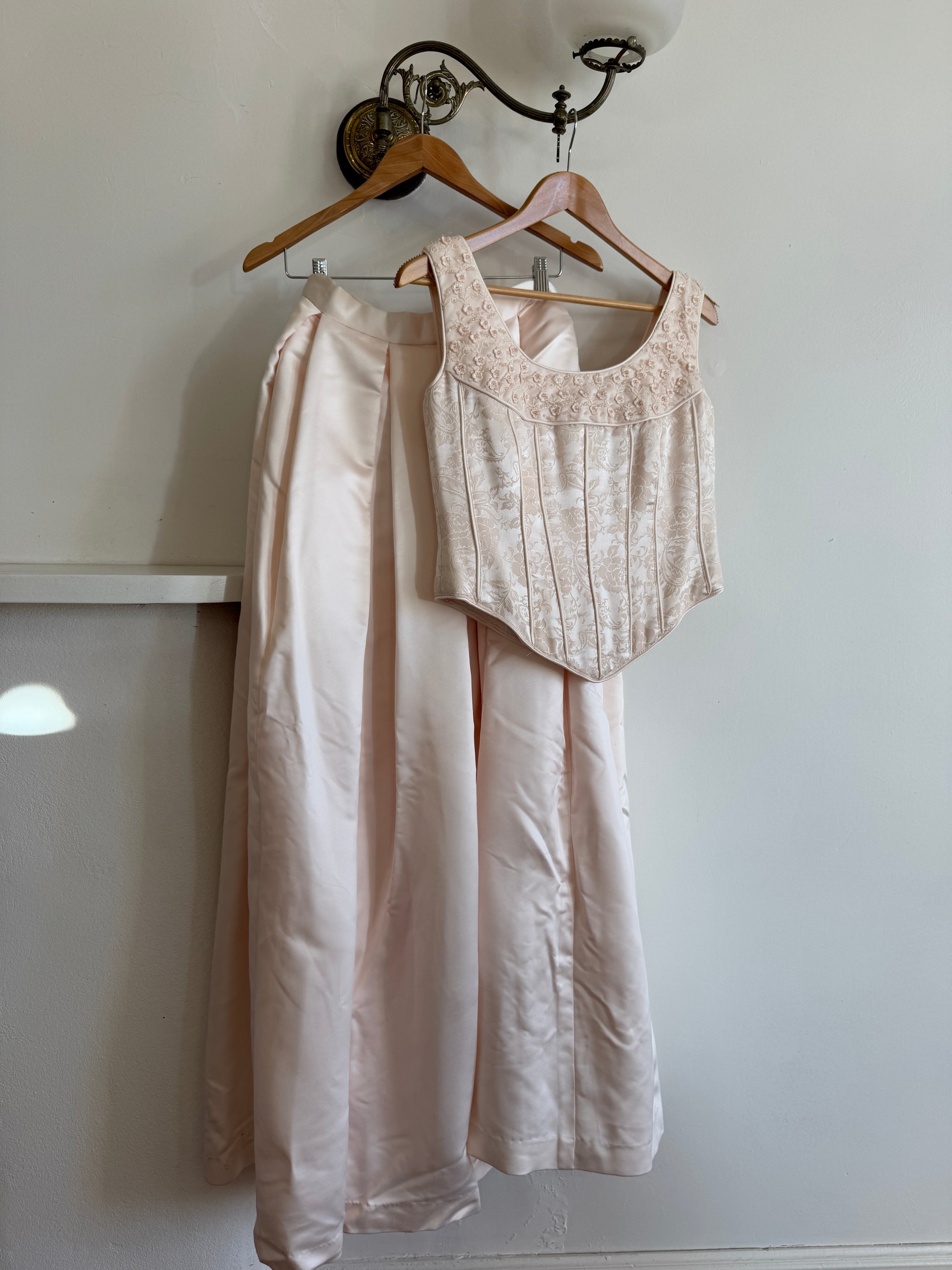 Vintage 90s Pale Pink Beaded Bridal Corset and Satin Princess Skirt Set