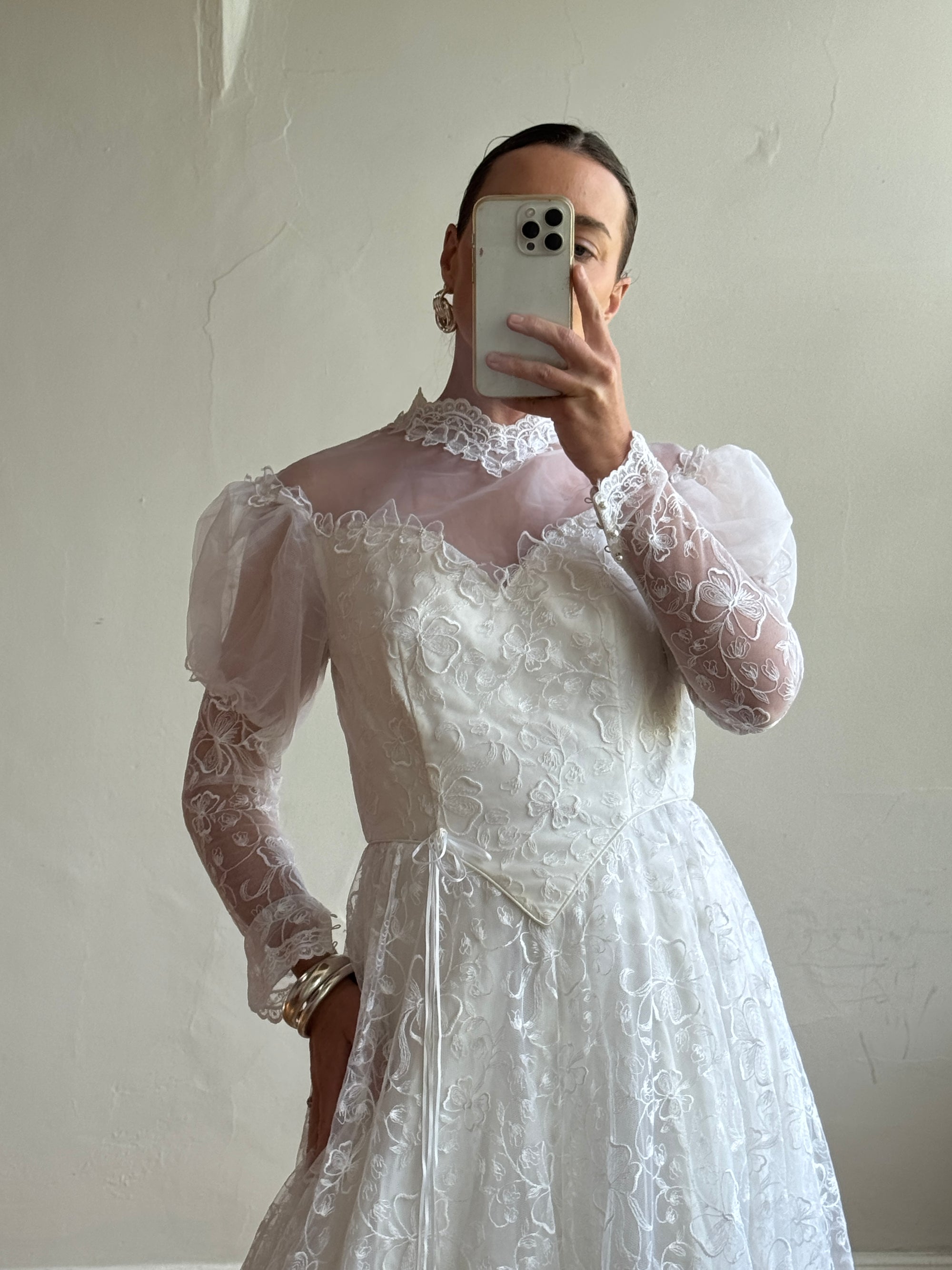 Vintage 70s Puff Sleeve Organza Ruffle Wedding Gown