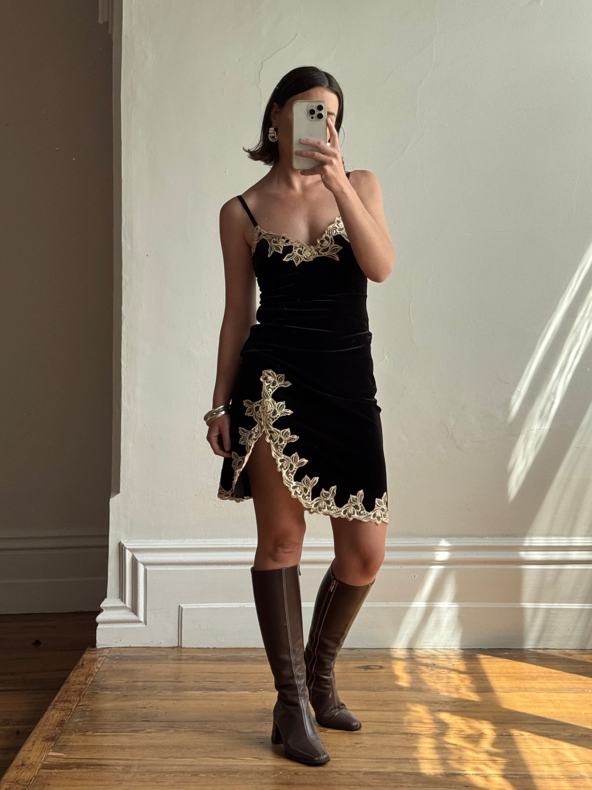 Vintage 90s Australian Made Velvet Lace Side Split Dress Creme Noir