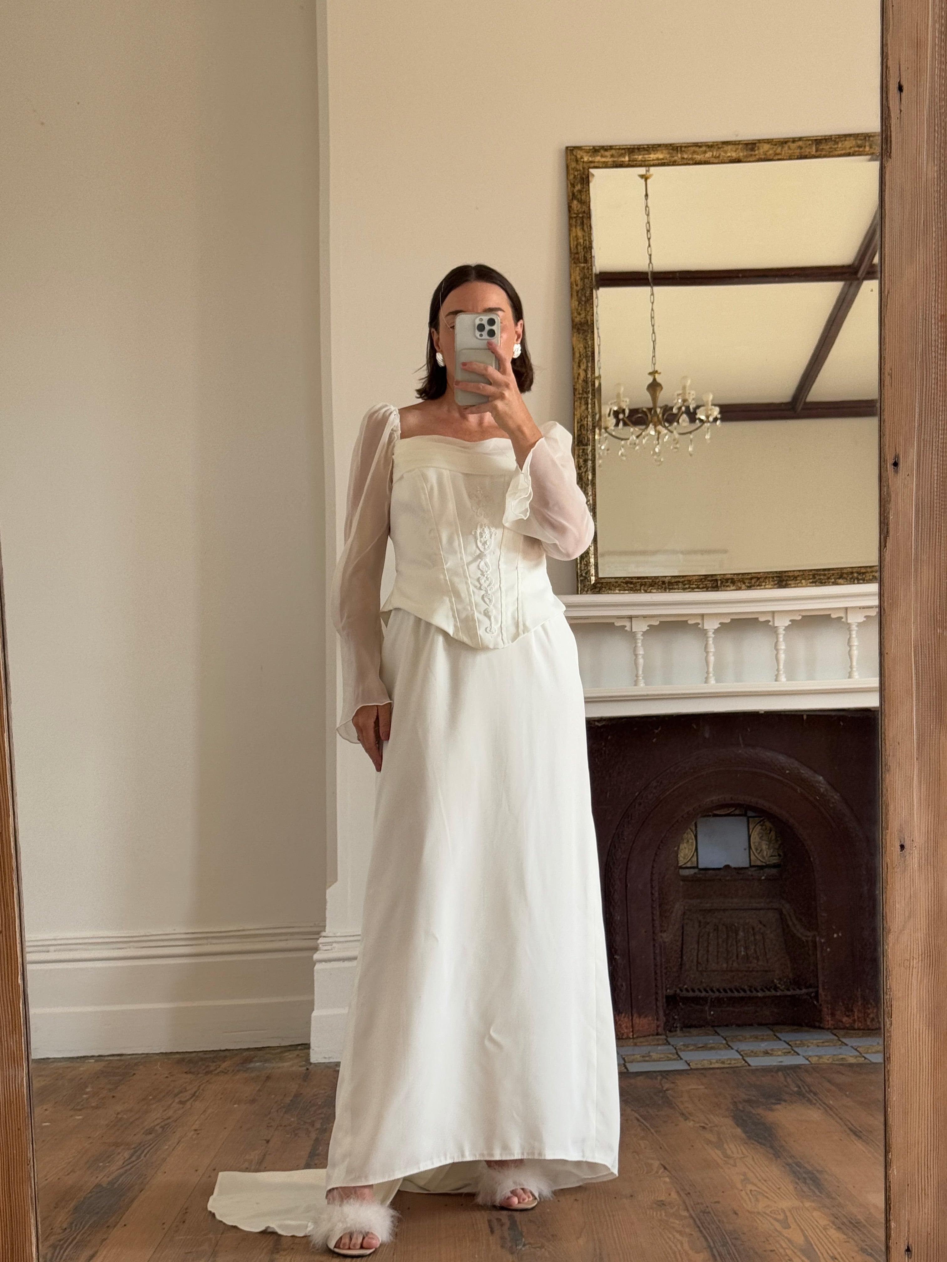 Vintage 80s Chiffon Sleeve Wedding Dress With Corset