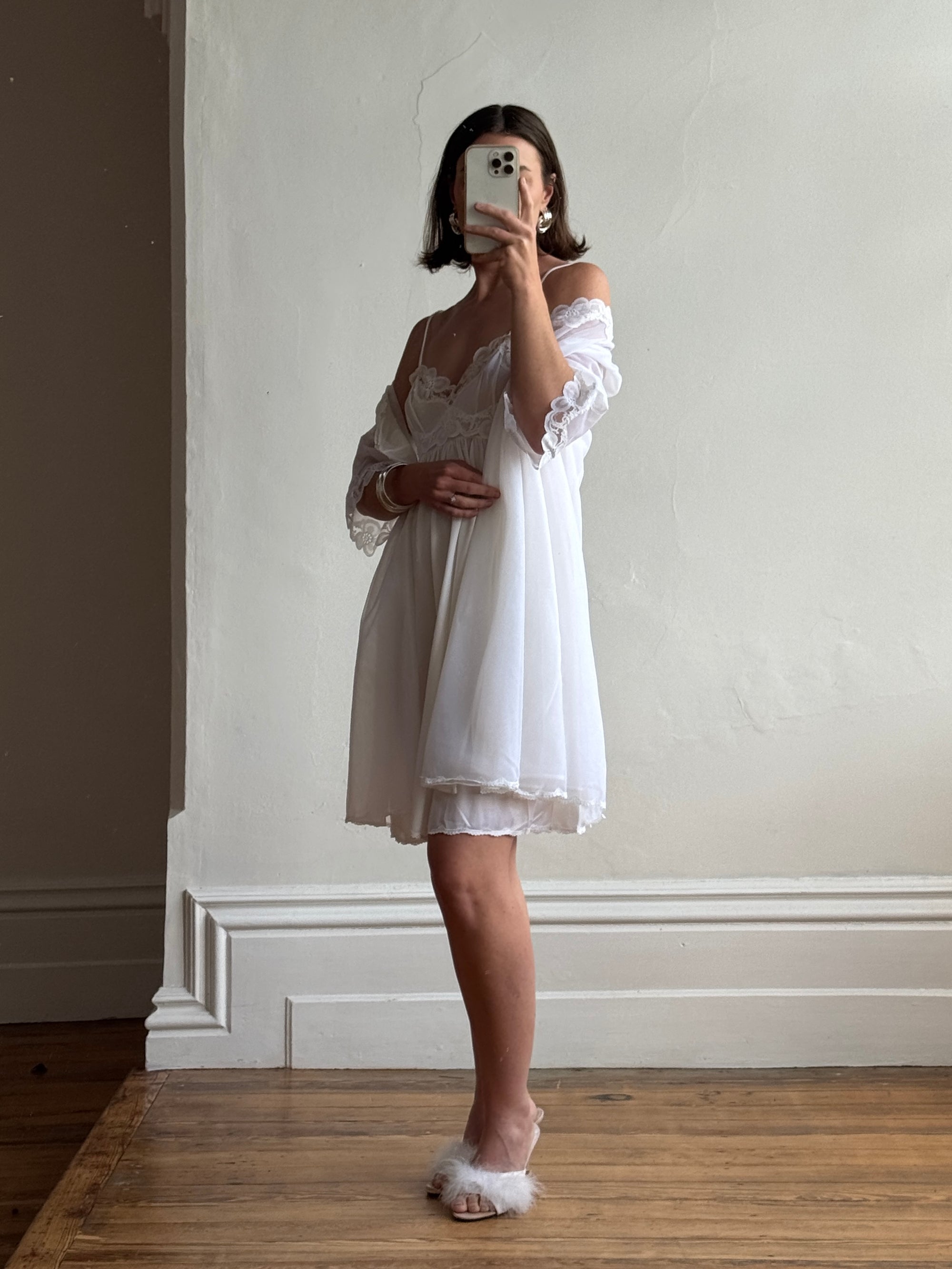 Vintage 80s Wedding Morning Lace Peignoir and Slip Set