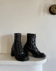 Vintage Y2K Square Toe Chunky Boots With Contrast Stitch Embroidery