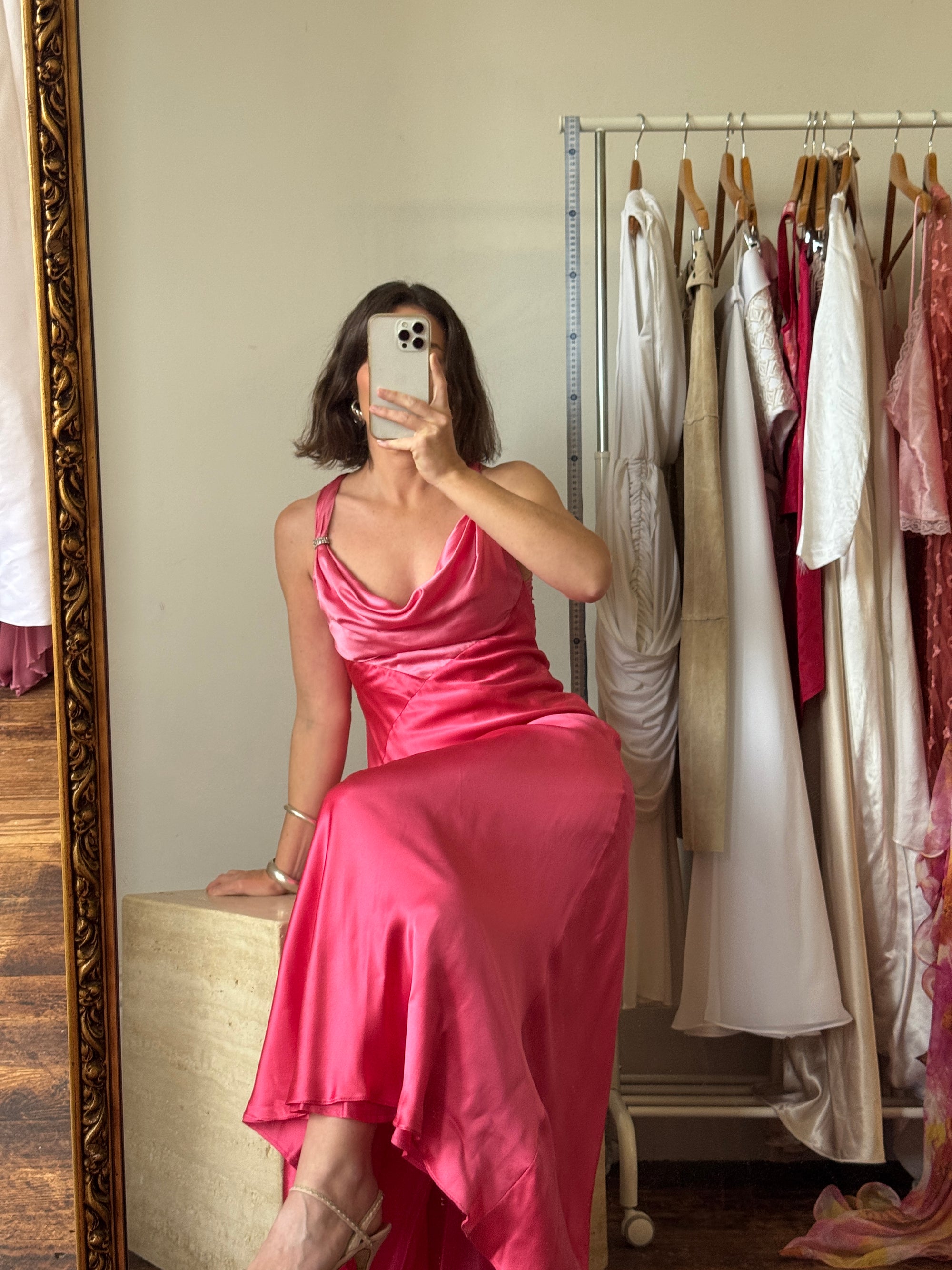 Vintage 90s Pure Silk Bias Cut Slip Dress With Rhinestones Hot Pink