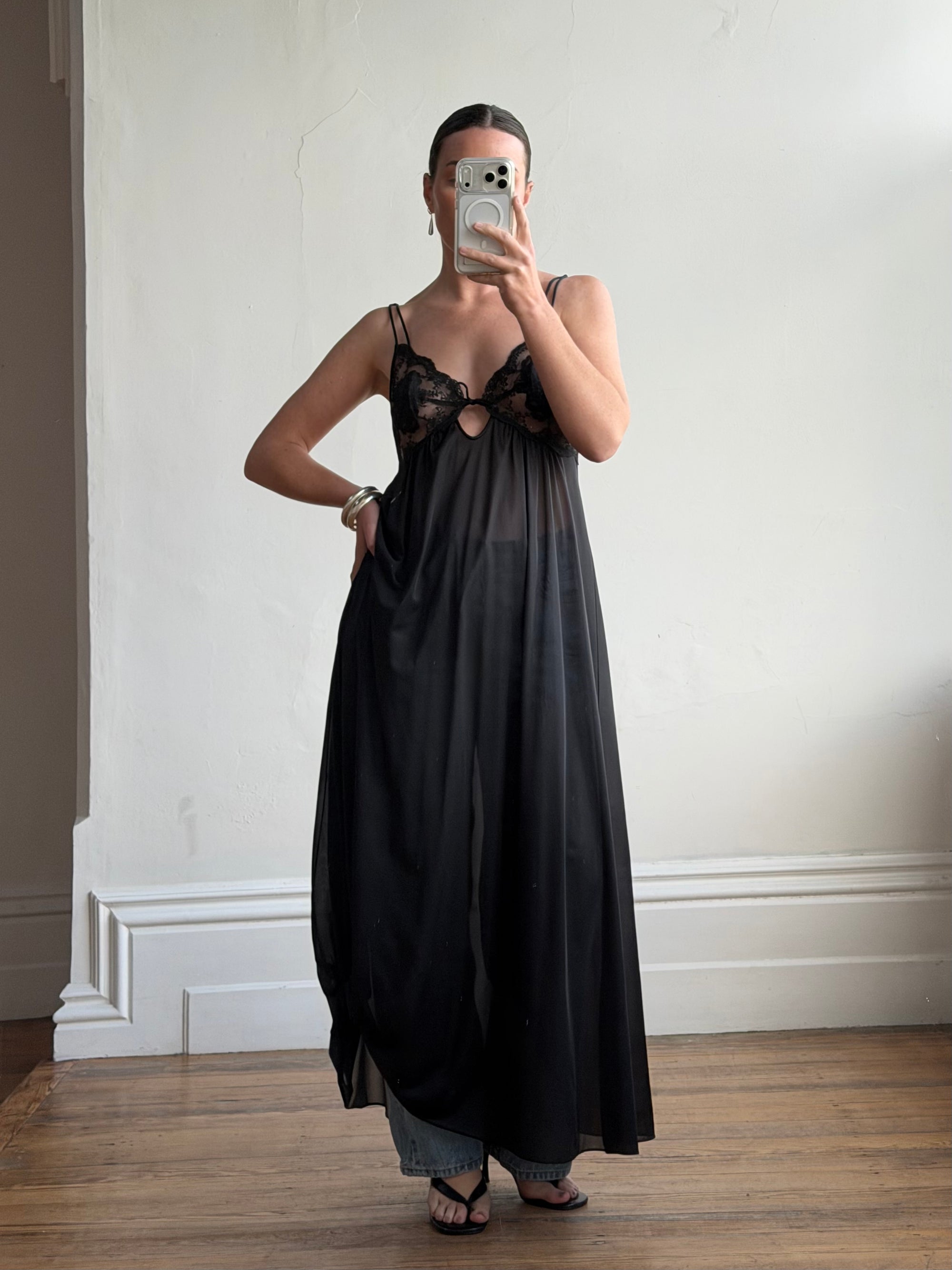 Vintage 80s Sheer Lace Slip Dress Noir