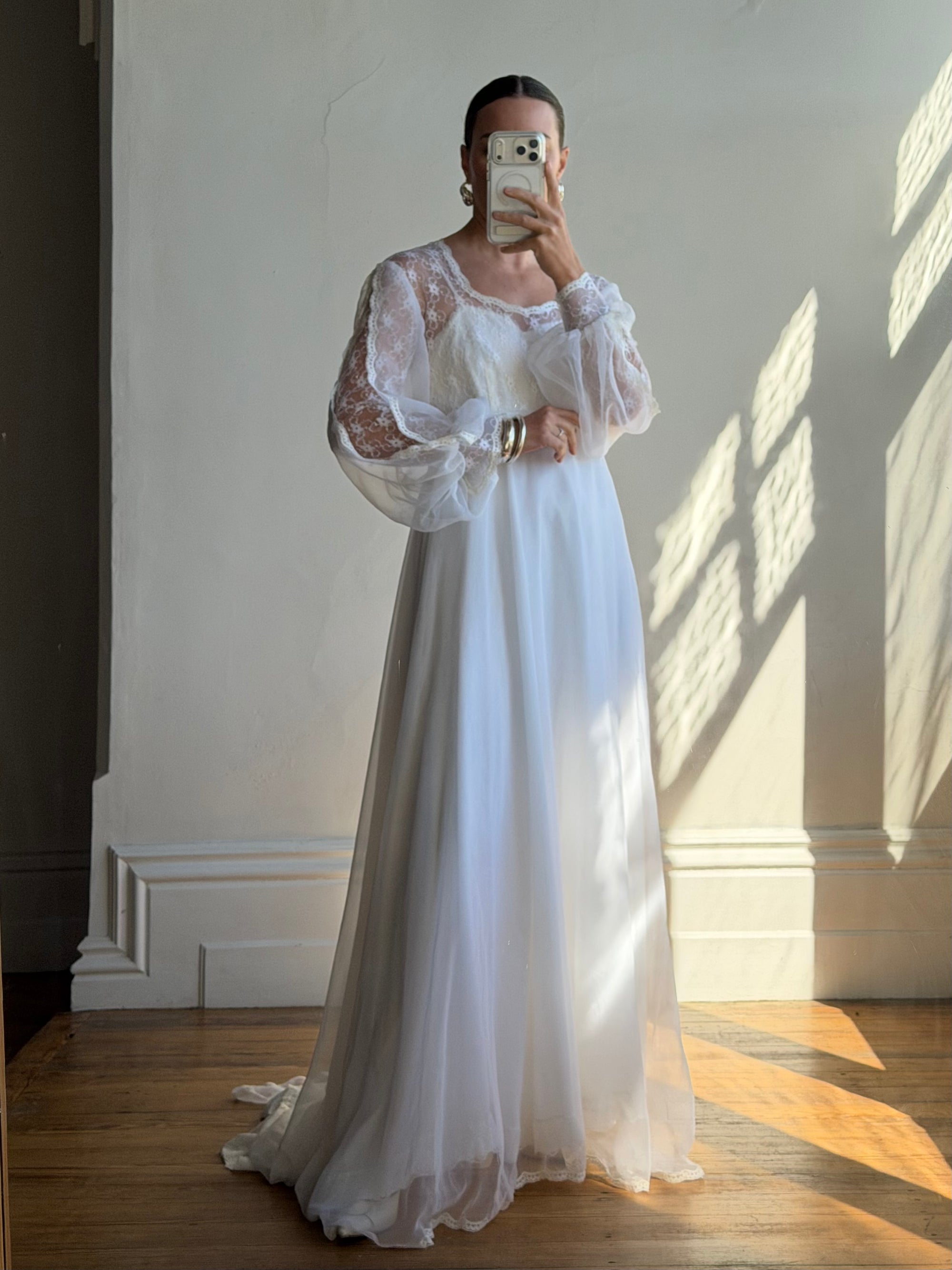 Vintage 60s Poet Sleeve Chiffon Wedding Gown