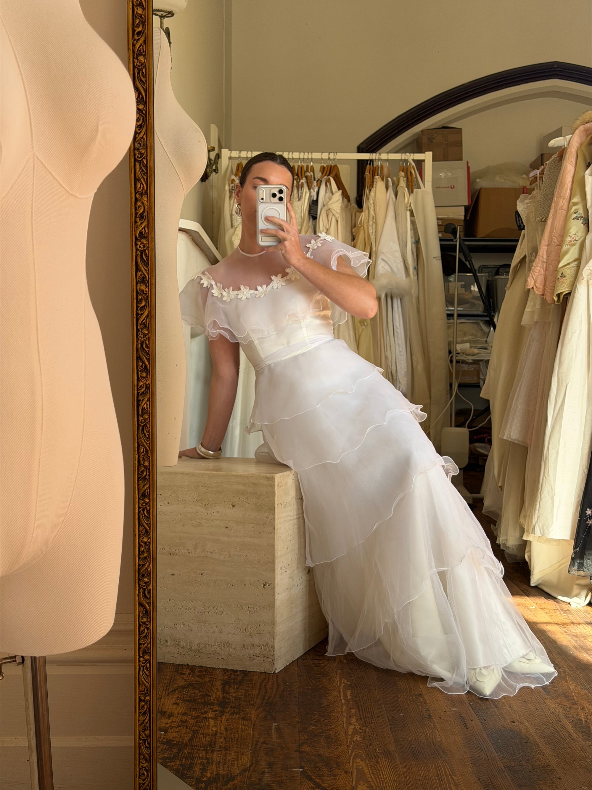 Vintage 70s Tiered Organza Prairie Daisy Wedding Dress