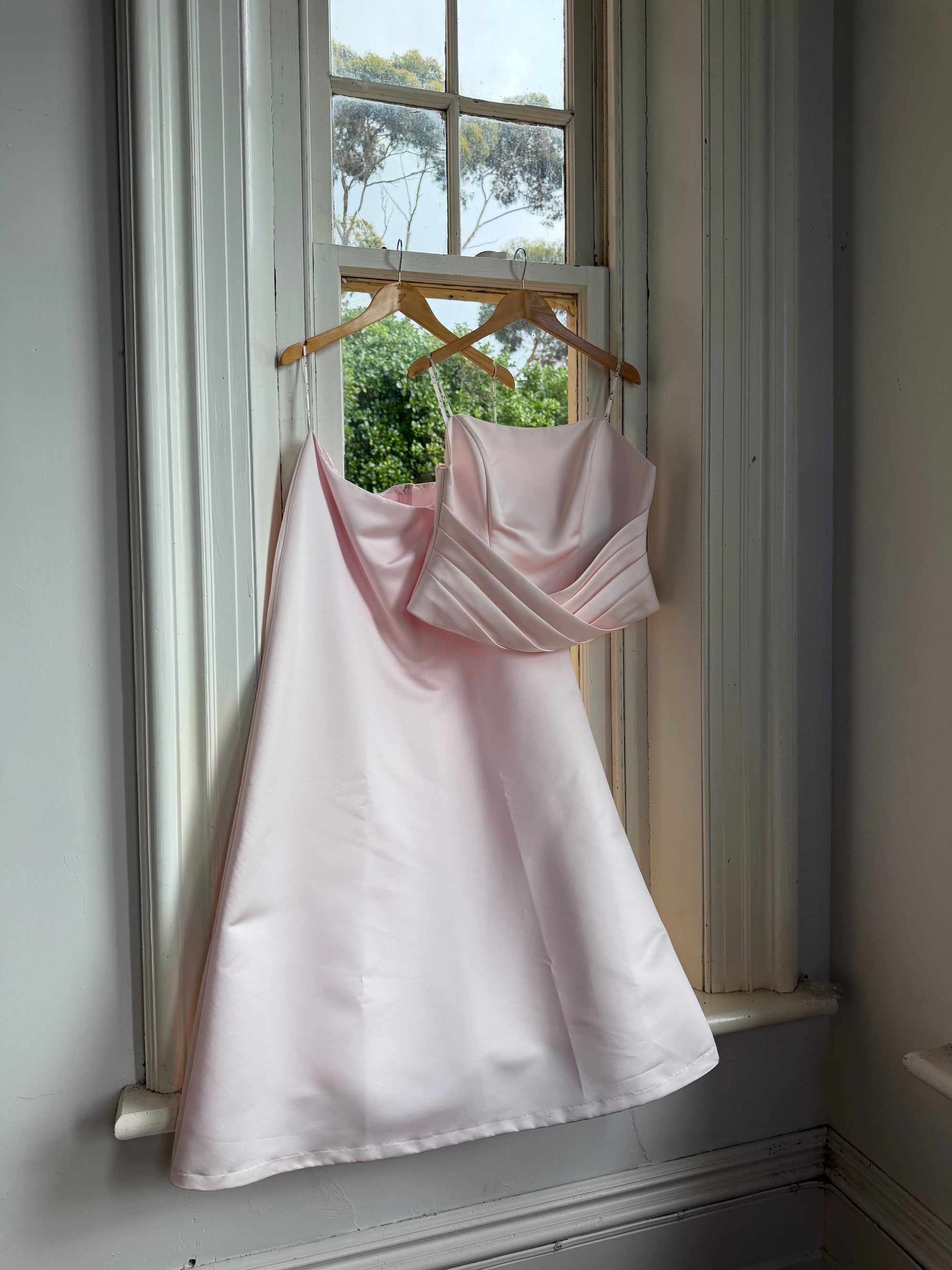 Vintage 90s Baby Pink Satin Pleated Bustier and Skirt Set