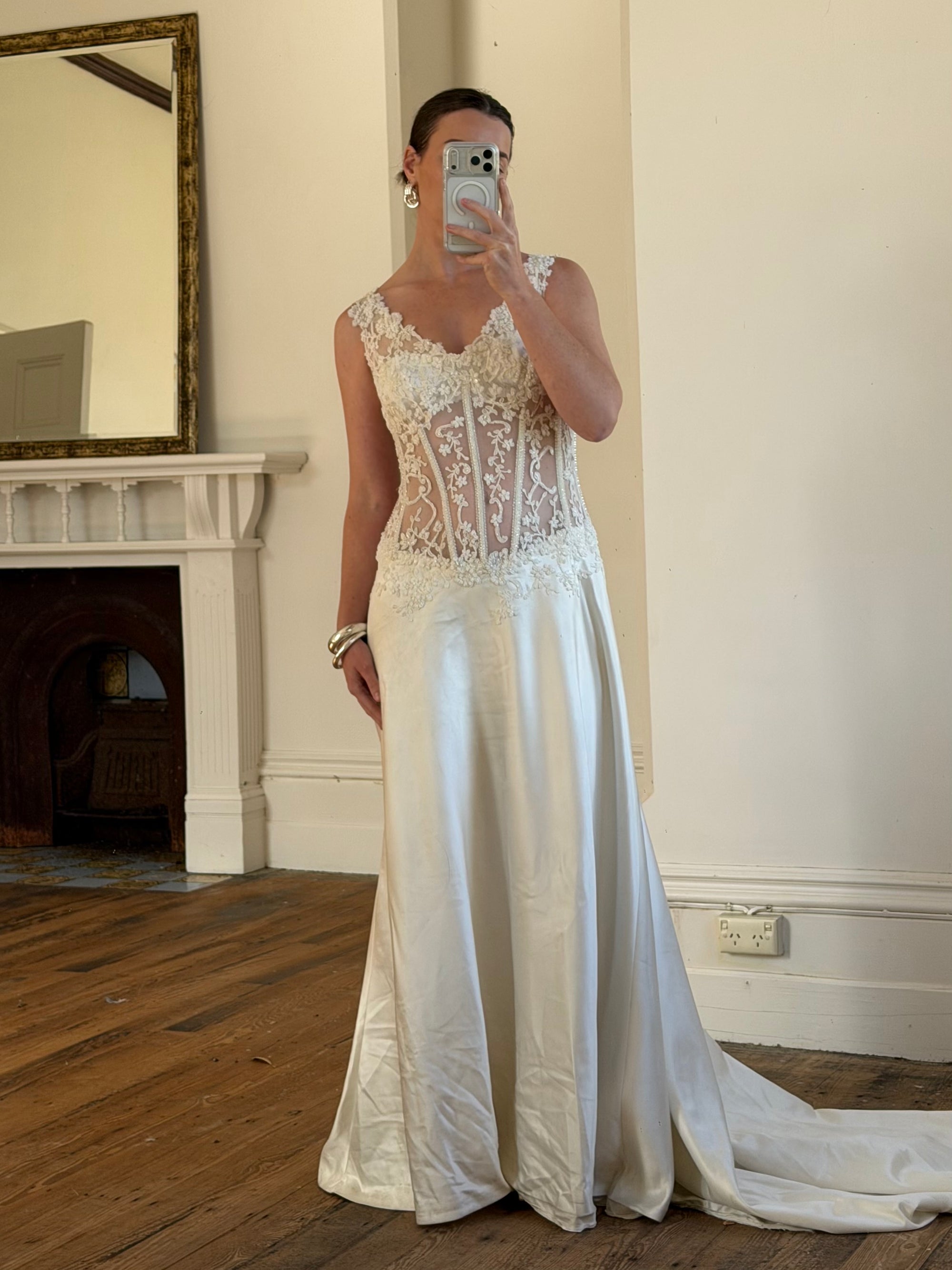 Vintage 90s Italian Naked Embroidered Satin Wedding Dress