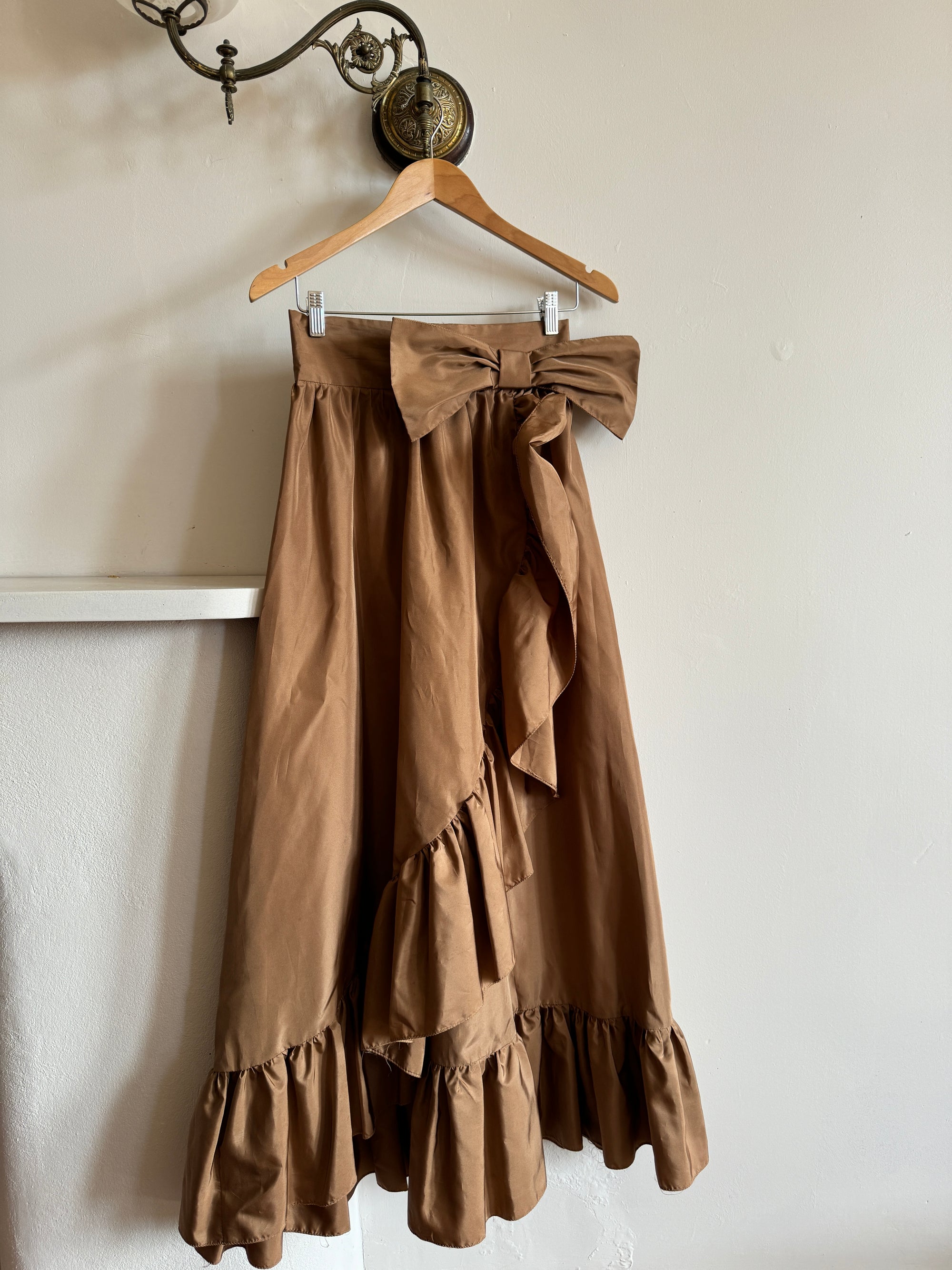 Vintage 80s Taffeta Frill Maxi Skirt Latte