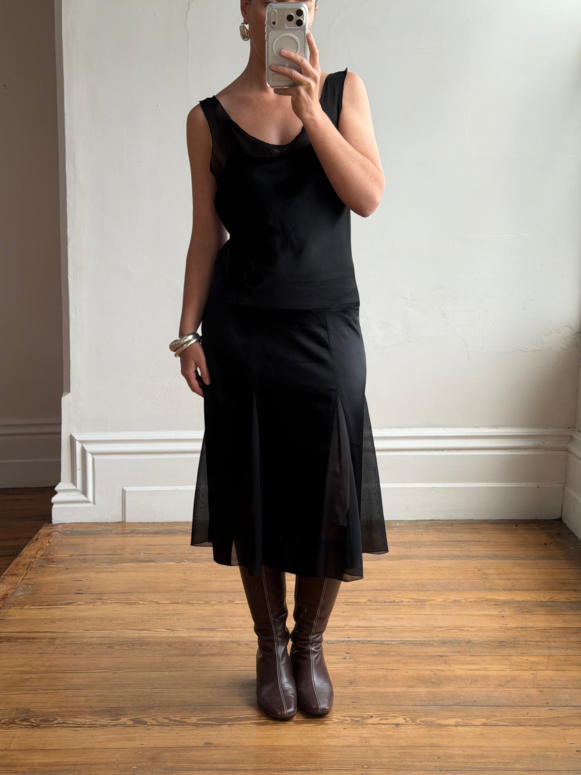 Vintage 90s Satin Drop Waist Midi Dress Noir