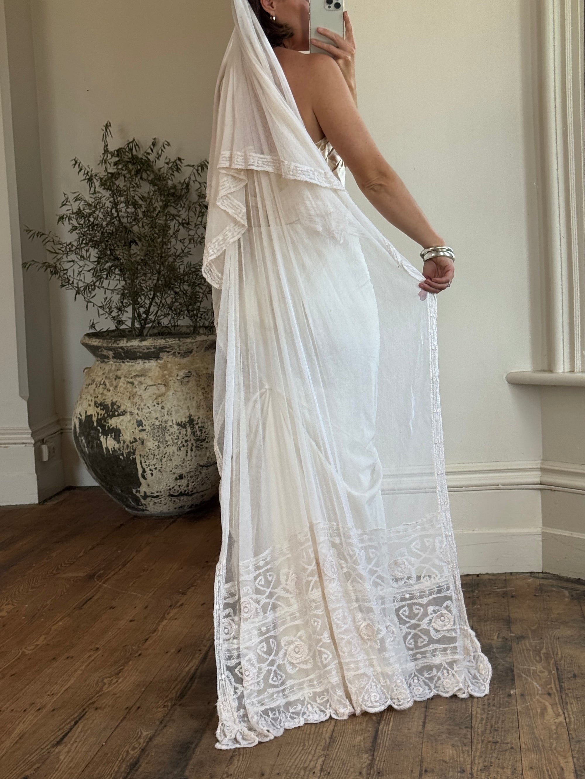 CMTB x Luce Di Luna Repurposed Antique Tambour Lace Sheer Rose Embroidered Veil