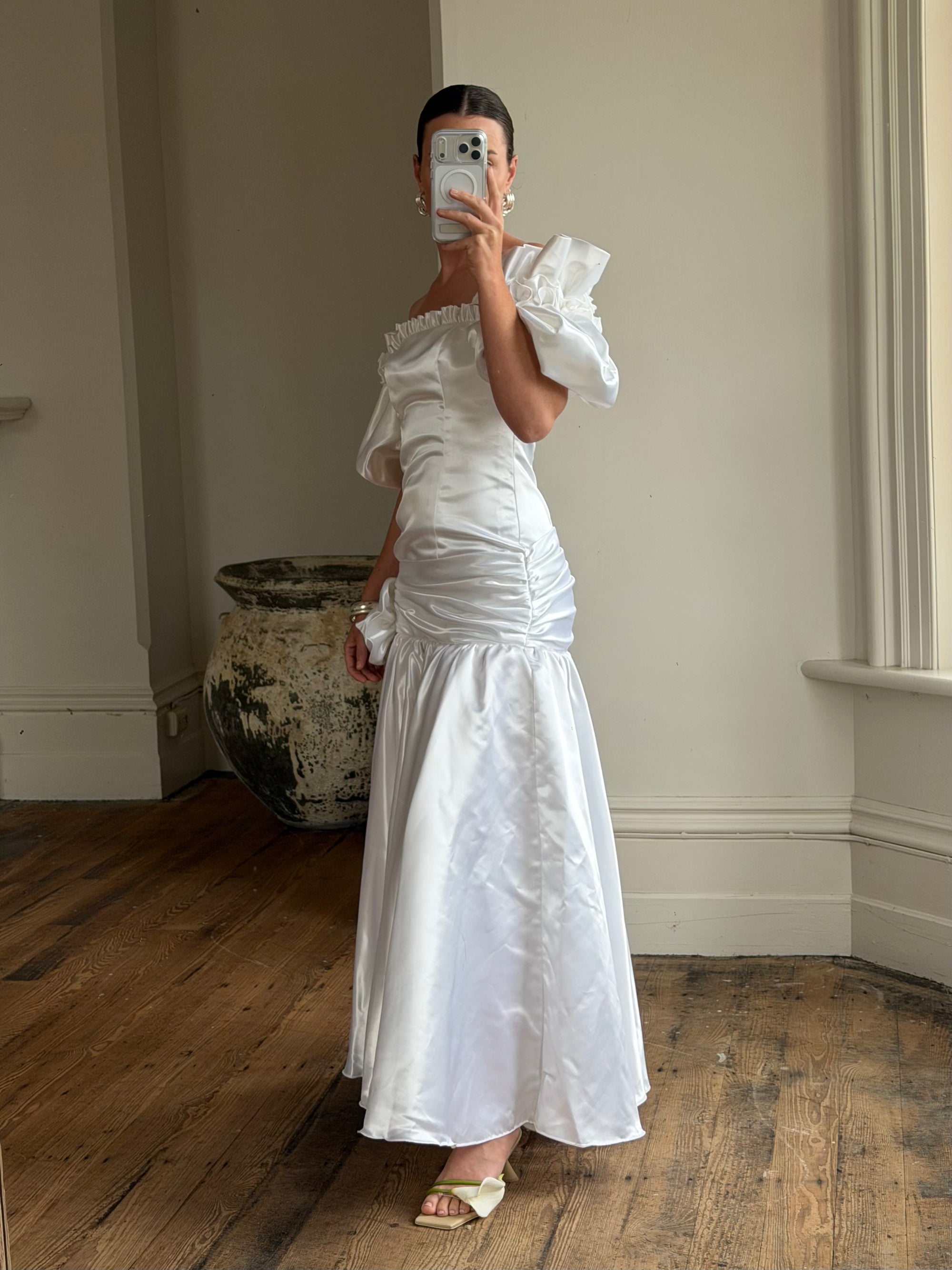 Vintage 80s Satin Drop Waist Wedding Gown