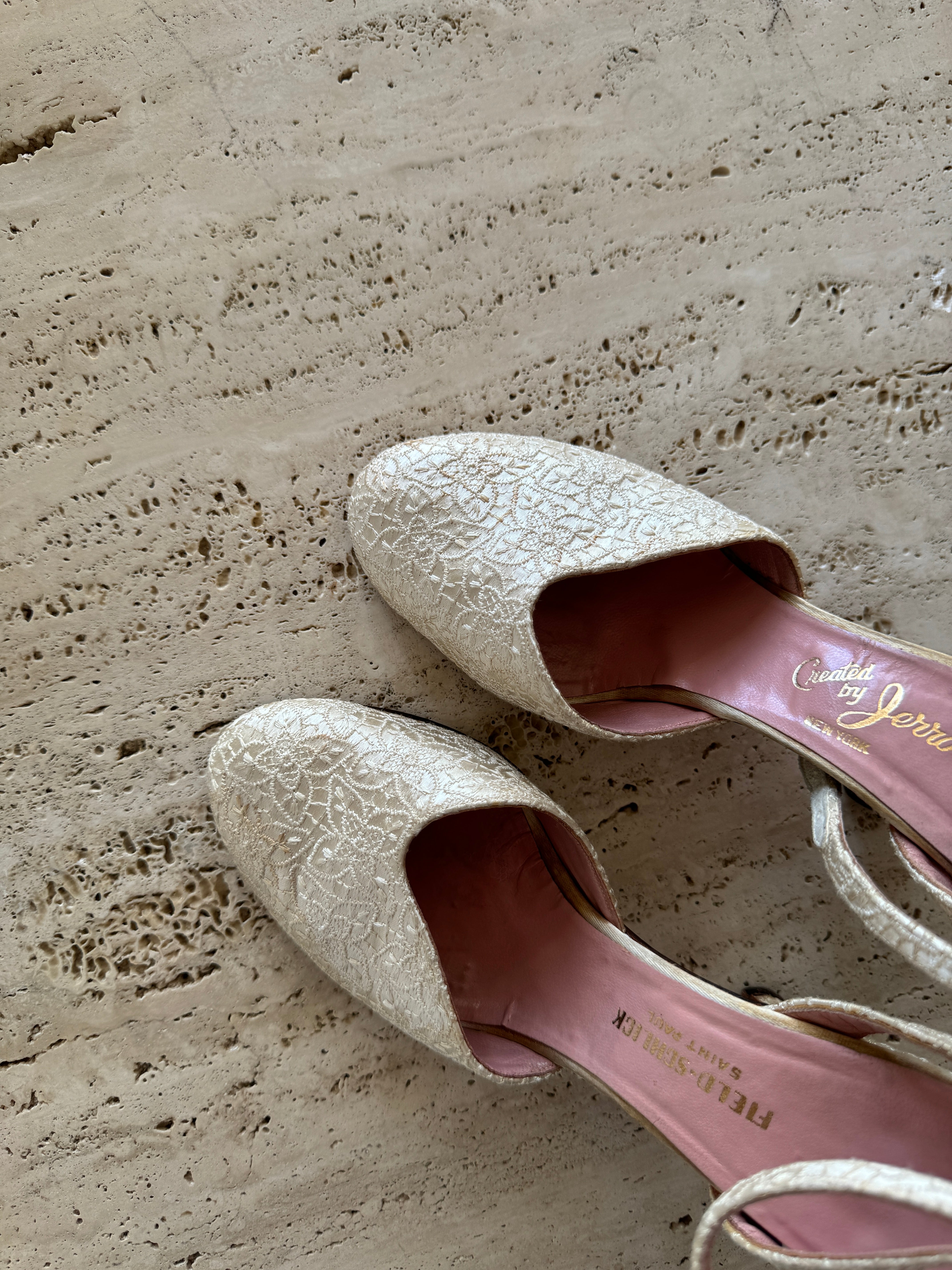 Vintage Hand Stitched Ivory Floral Bridal Heels