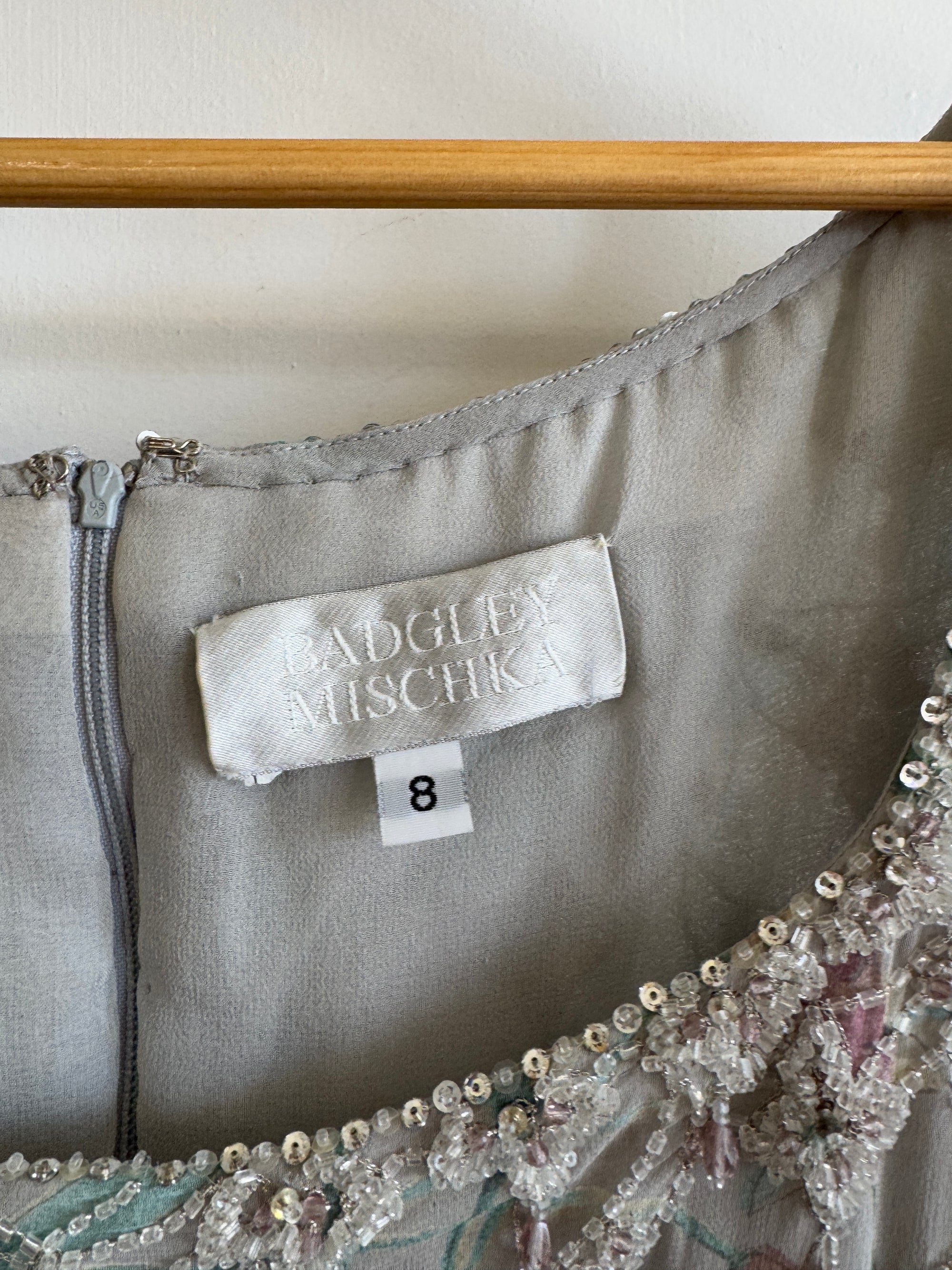 Vintage 90s Badgley Mischka Silver Pure Silk Embellished Gown