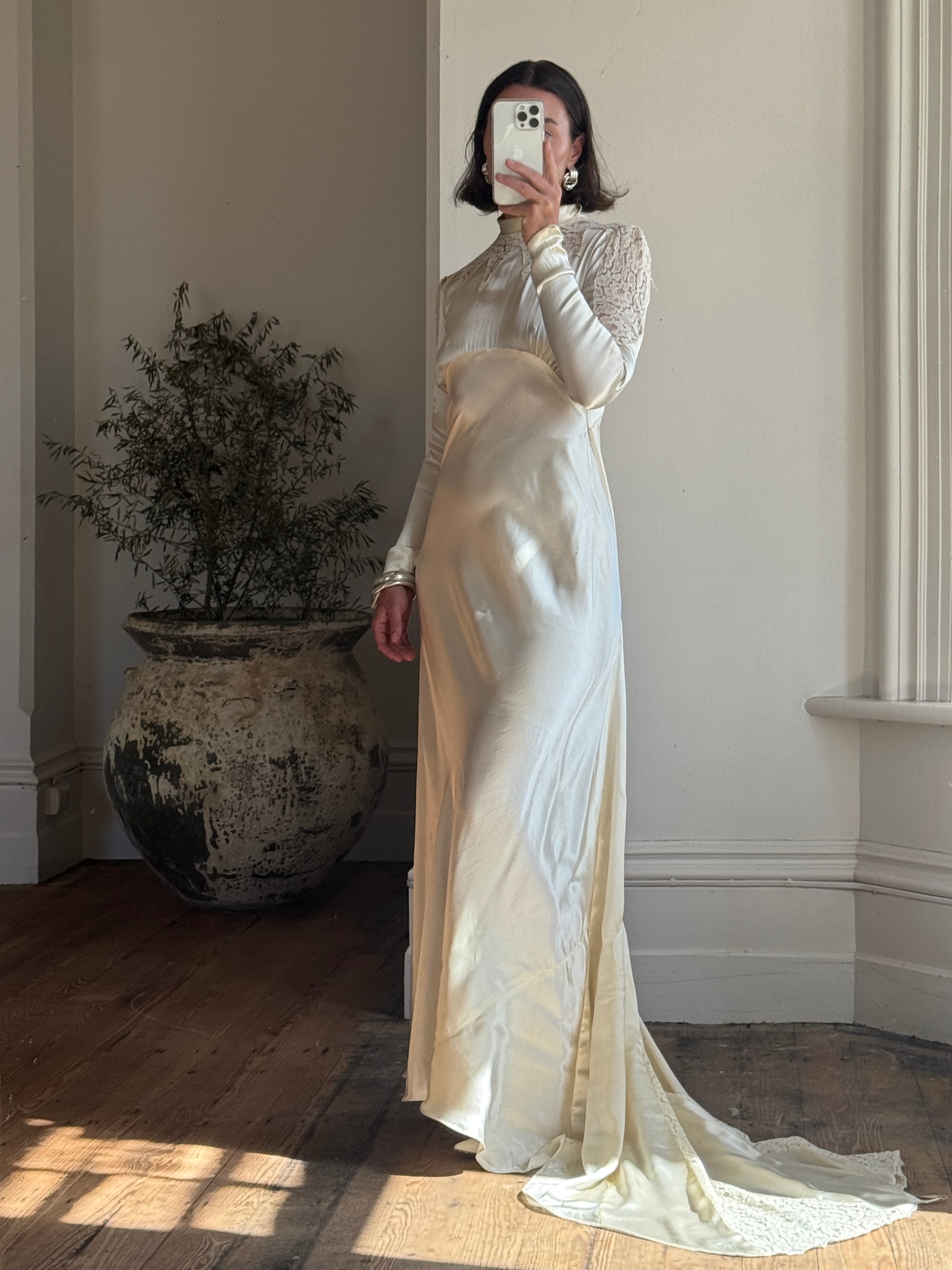 liquid satin wedding dress vintage 1940s Liquid Satin Charmeuse Vintage Wedding Gown | Old Hollywood Bridal Gown