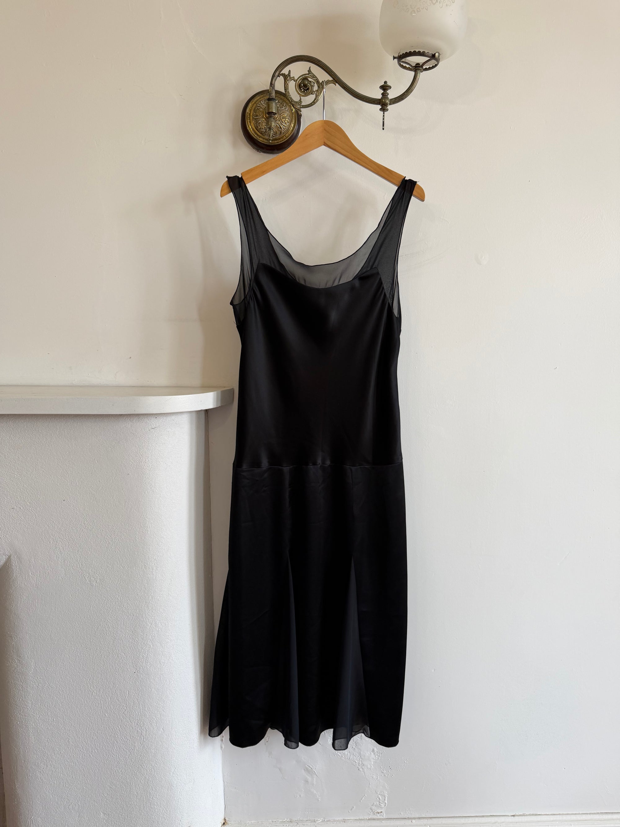 Vintage 90s Satin Drop Waist Midi Dress Noir