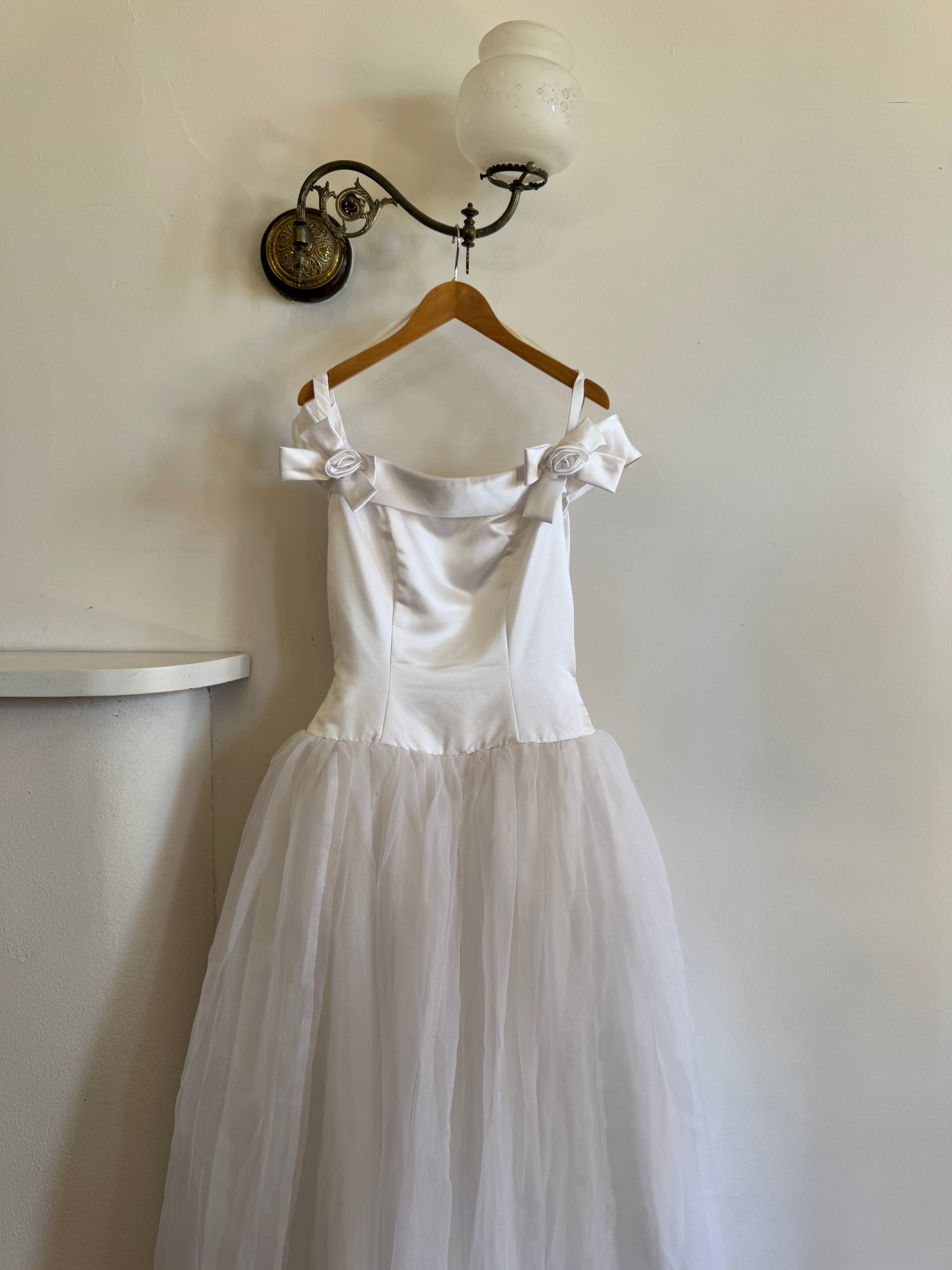 Vintage Y2K Satin Drop Waist Tulle Wedding Dress With Bows