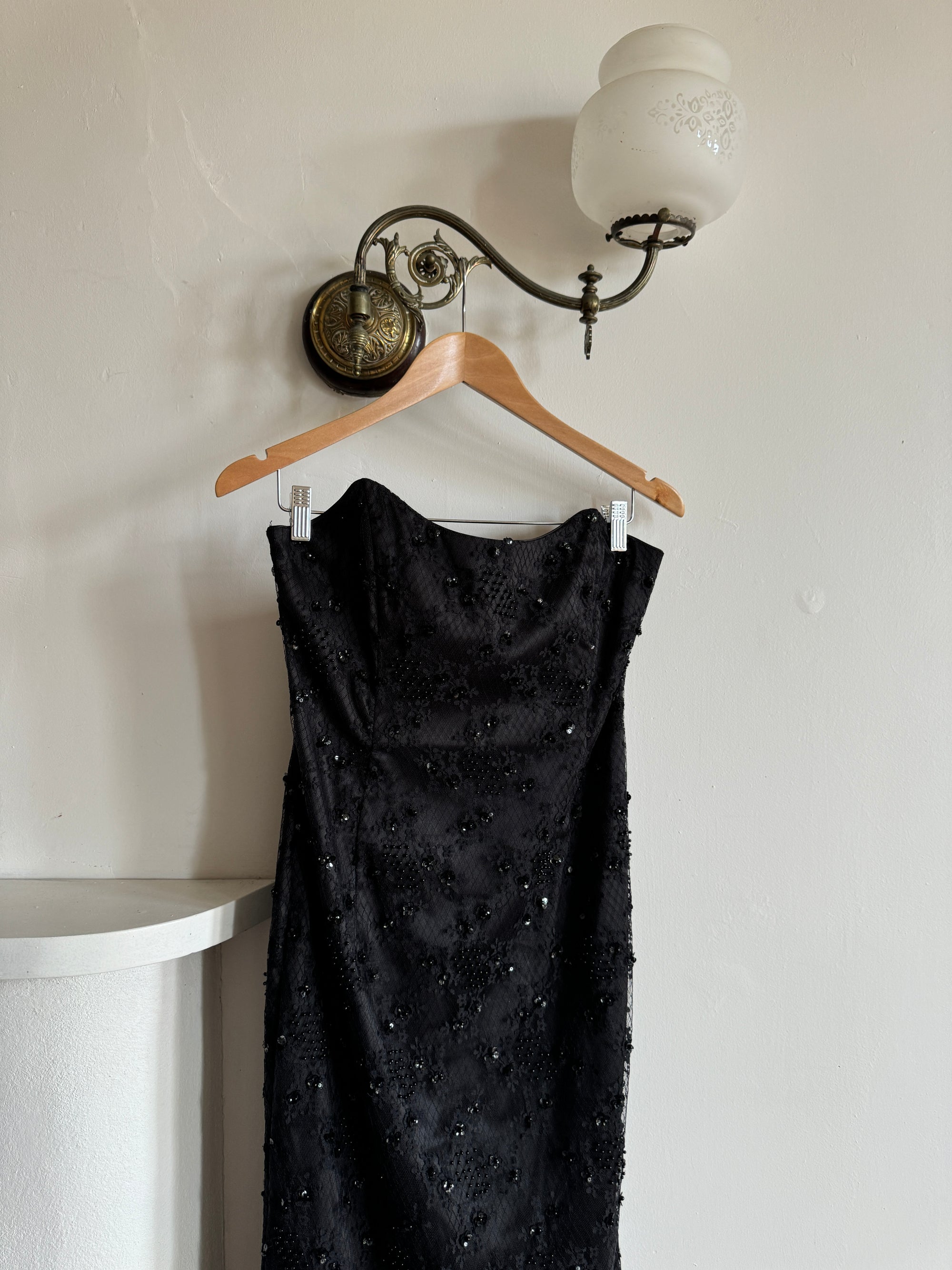 Vintage Australian Made 90s Strapless Beaded Lace Dress