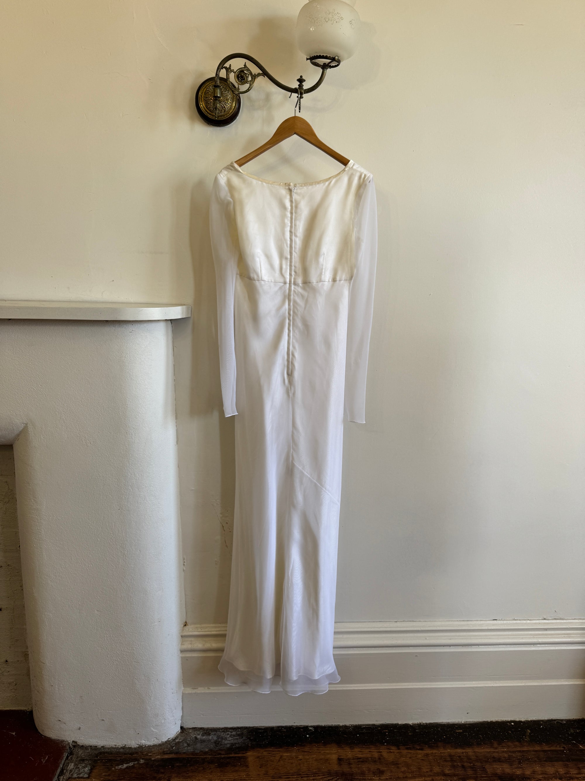 Vintage 90s Sheer Organza Long Sleeve Empire Bridal Dress