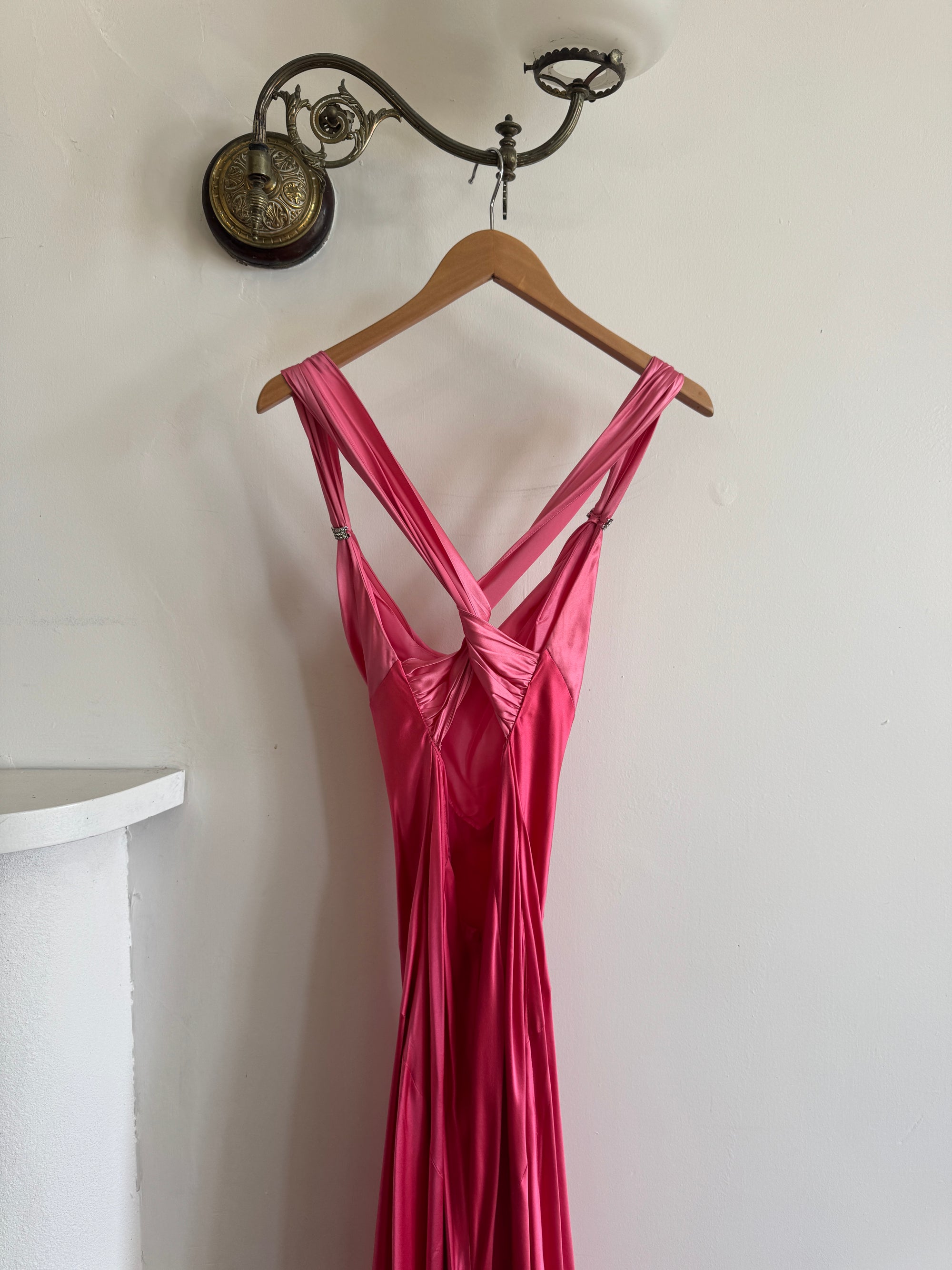 Vintage 90s Pure Silk Bias Cut Slip Dress With Rhinestones Hot Pink