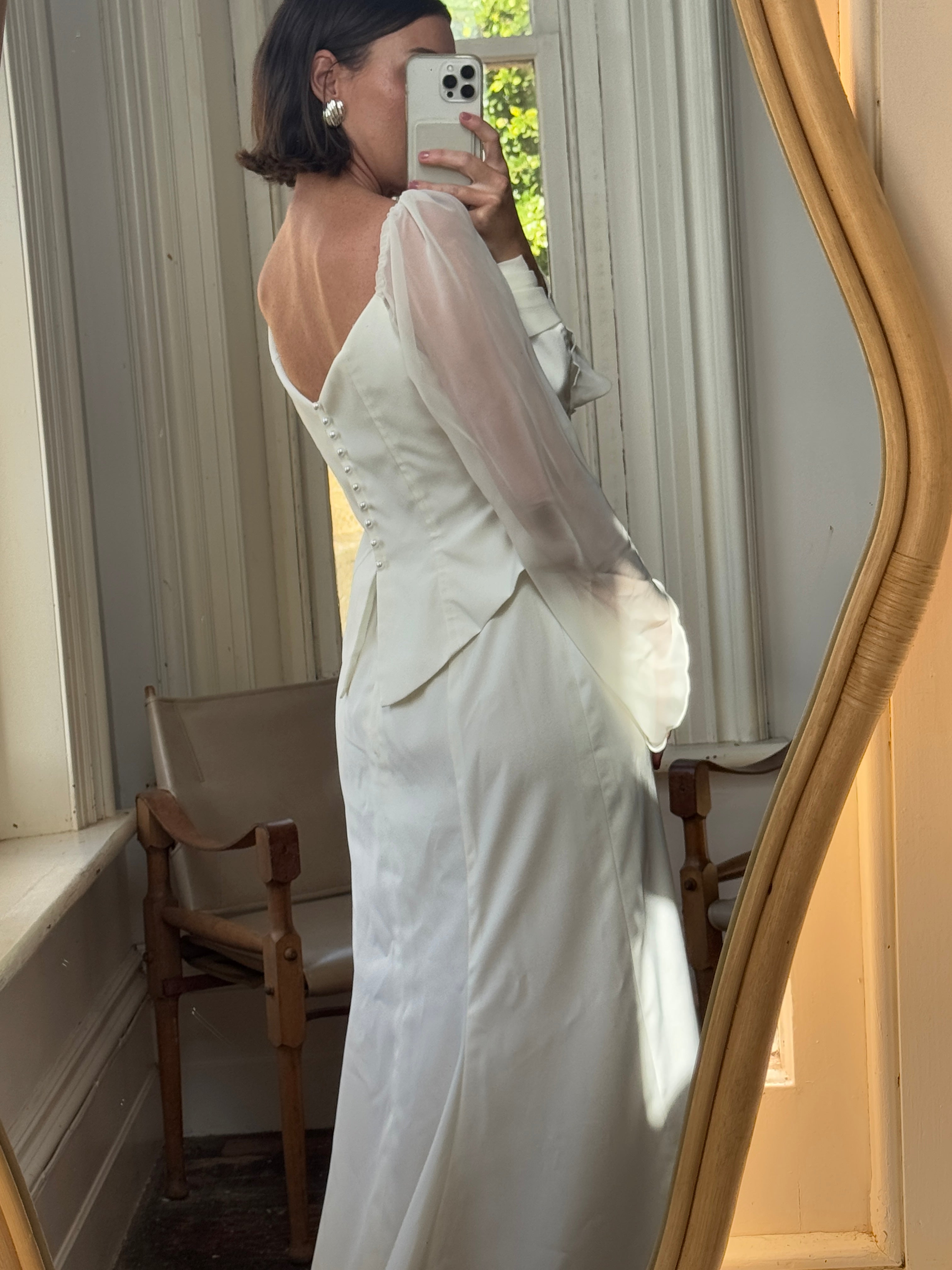 Vintage 80s Chiffon Sleeve Wedding Dress With Corset