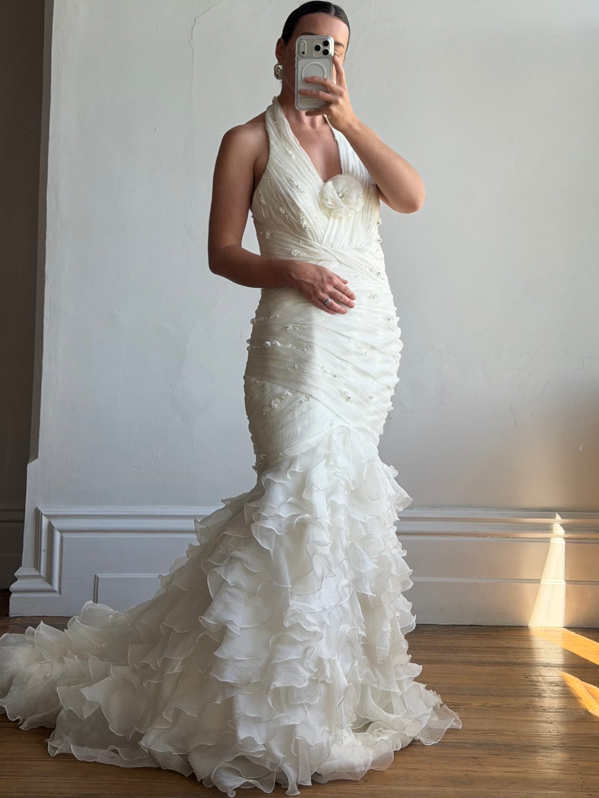 Vintage 90s Italian Plus Size Halter Ruffle Wedding Gown