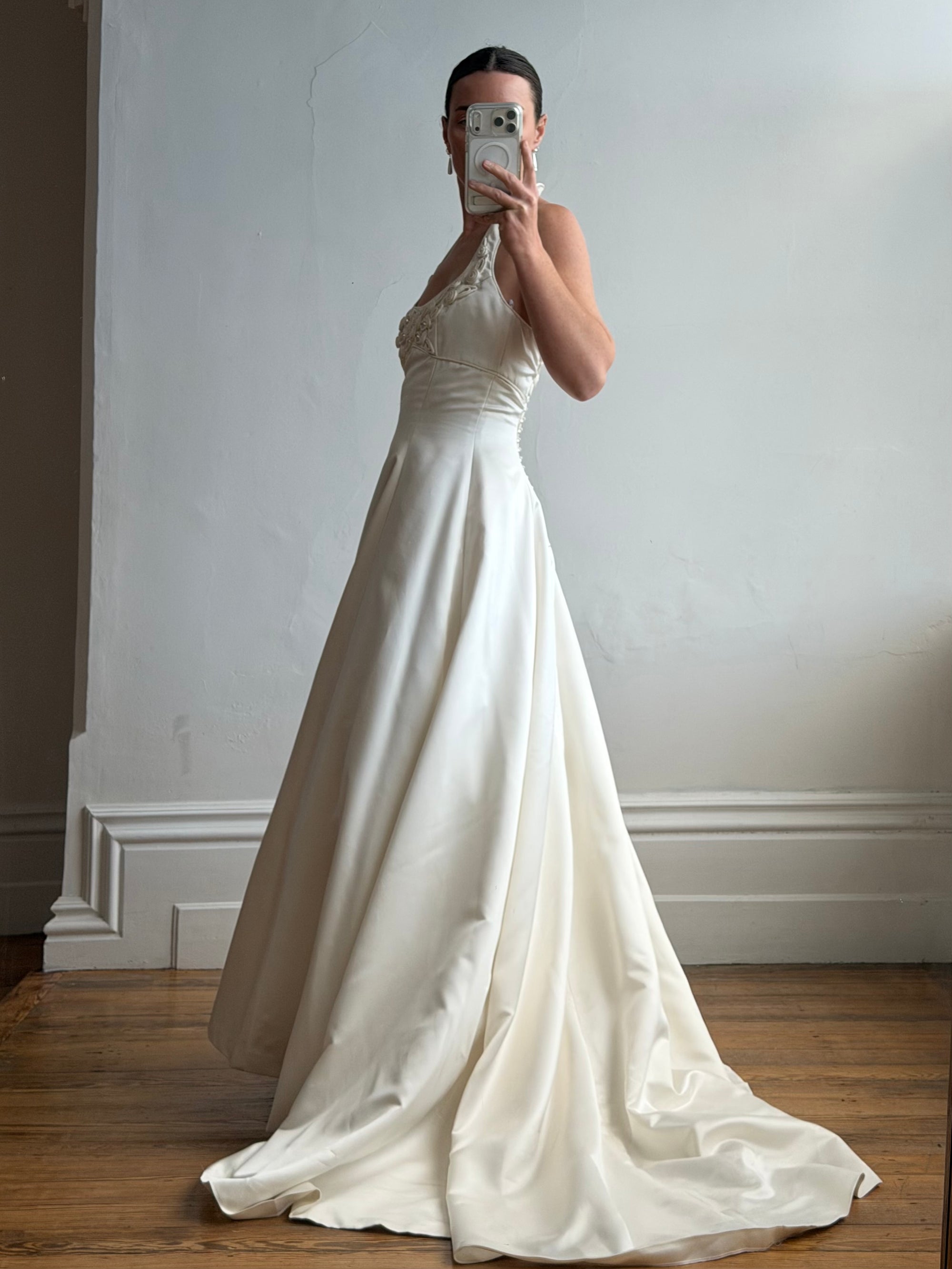 Vintage 90s Ivory Beaded Halter Bridal Ballgown