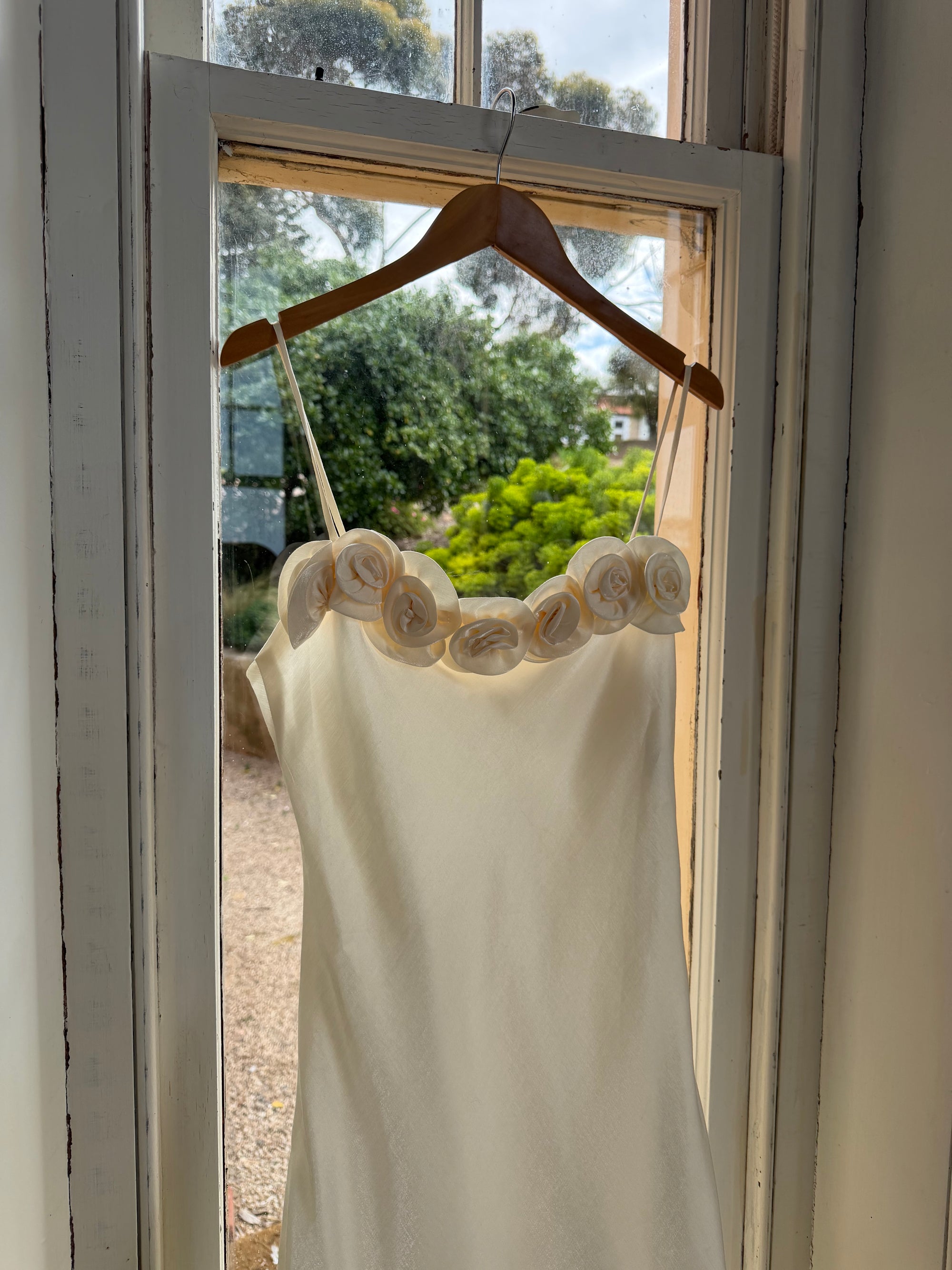 Vintage Y2K Rosette Bridal Slip Dress Champagne Satin