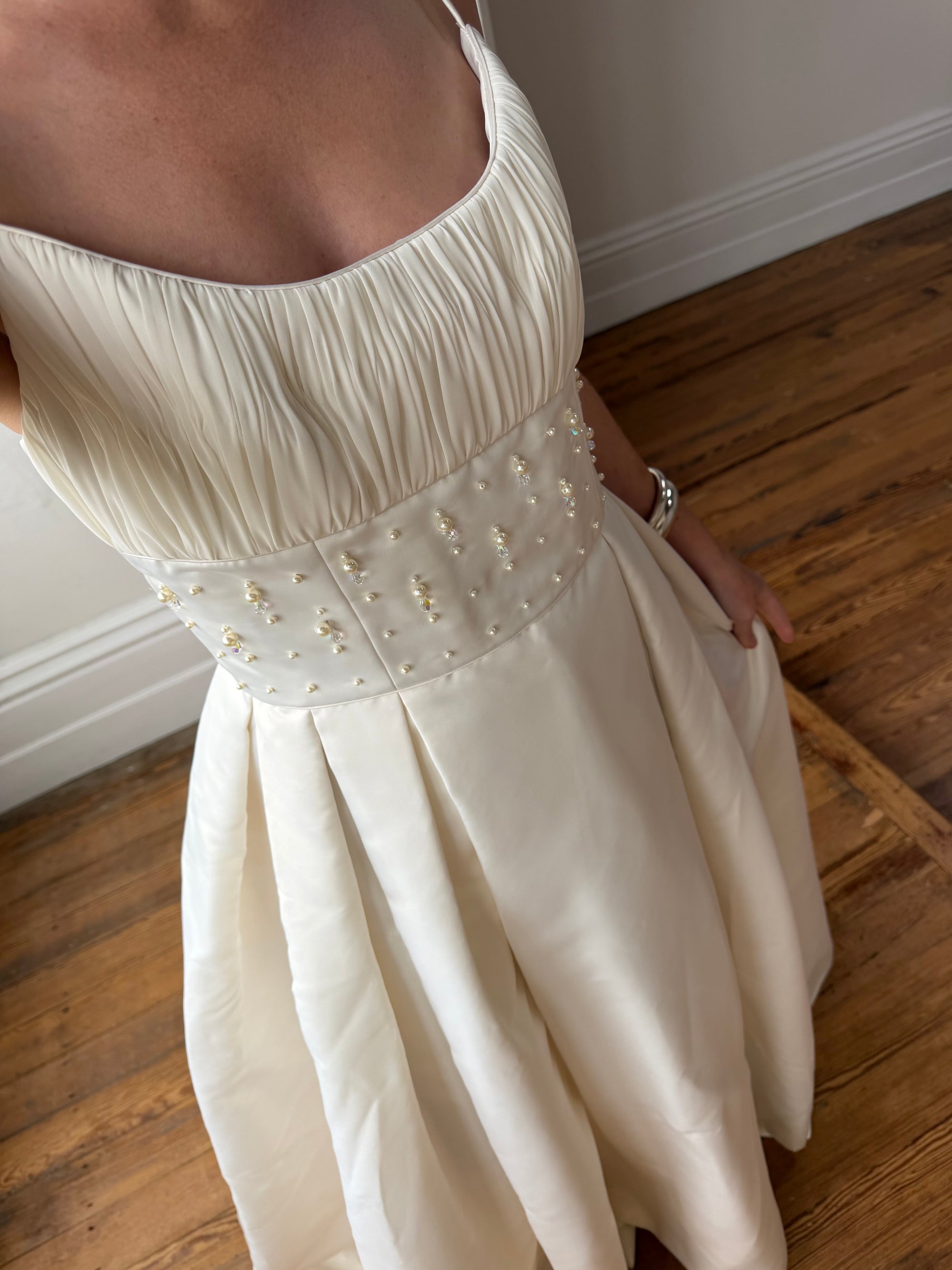 Vintage 90s Crystal Gathered Princess Satin Wedding Gown