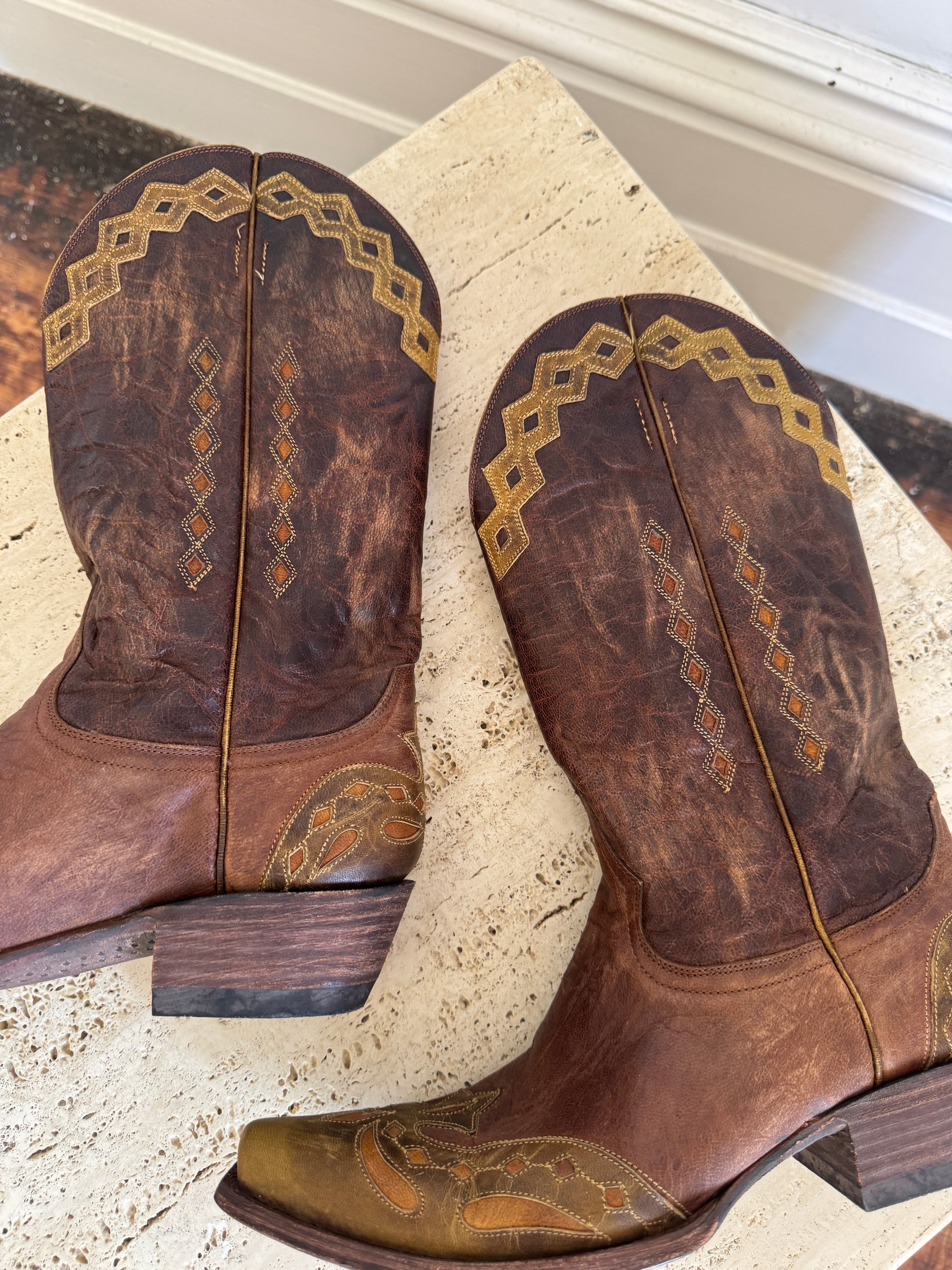 Vintage Mexican Old Gringo Western Cowboy Boots Cognac Brown