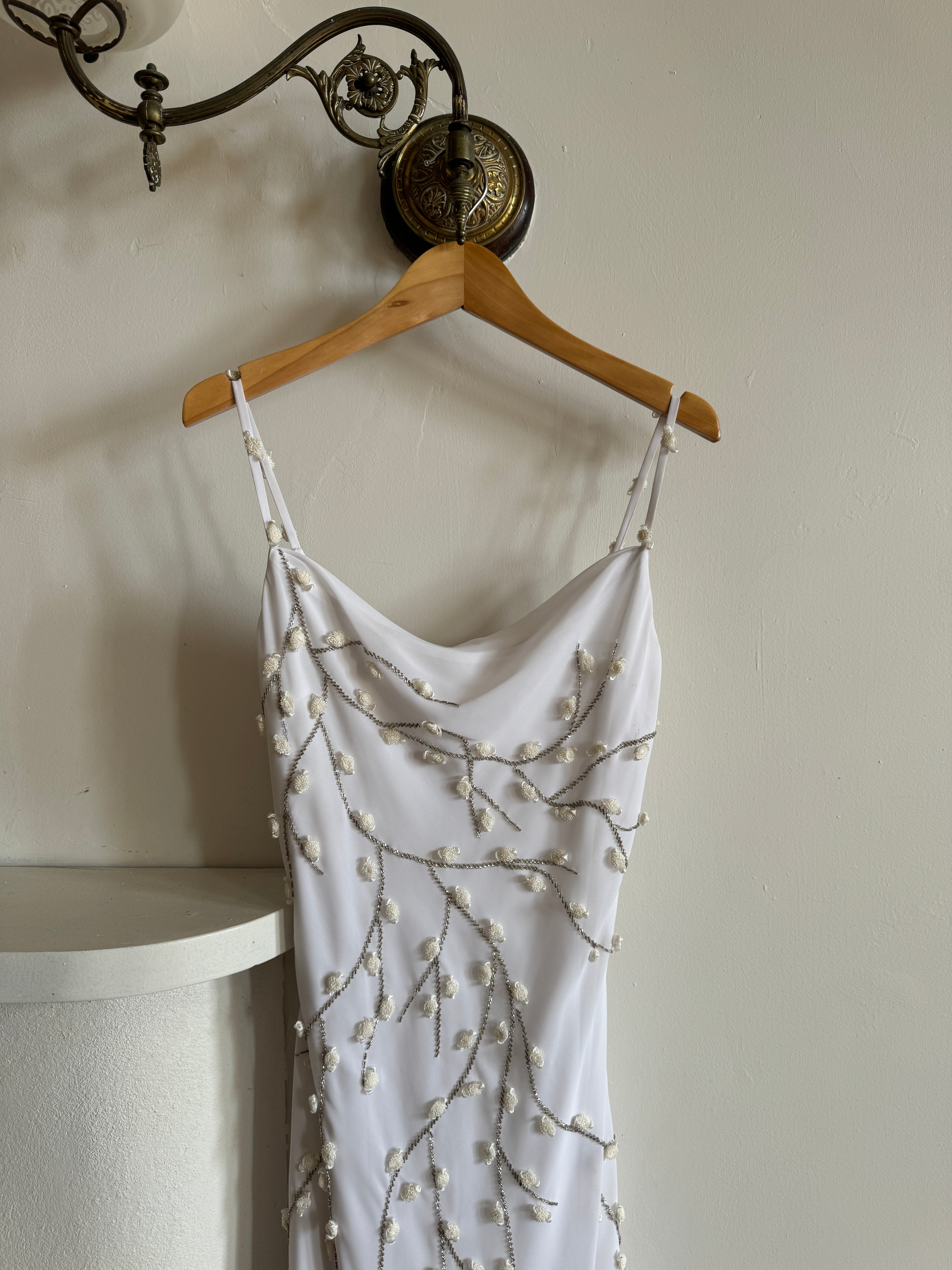 Vintage 90s Fairy Cowl Neck Wedding Dress With Hand Beaded Vine Embroidery