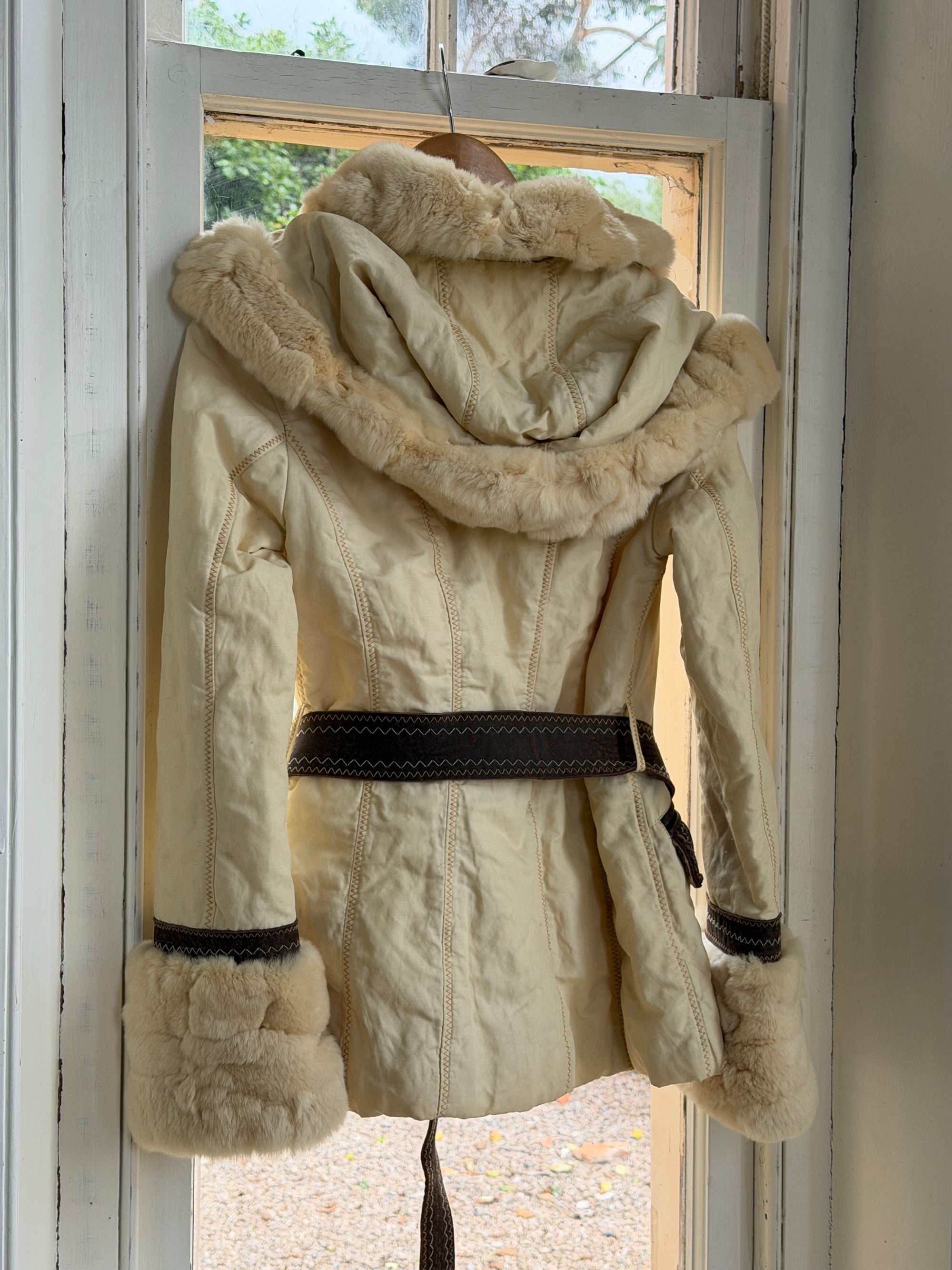 Vintage Y2K Italian Leather and Fur Belted Jacket with Hood