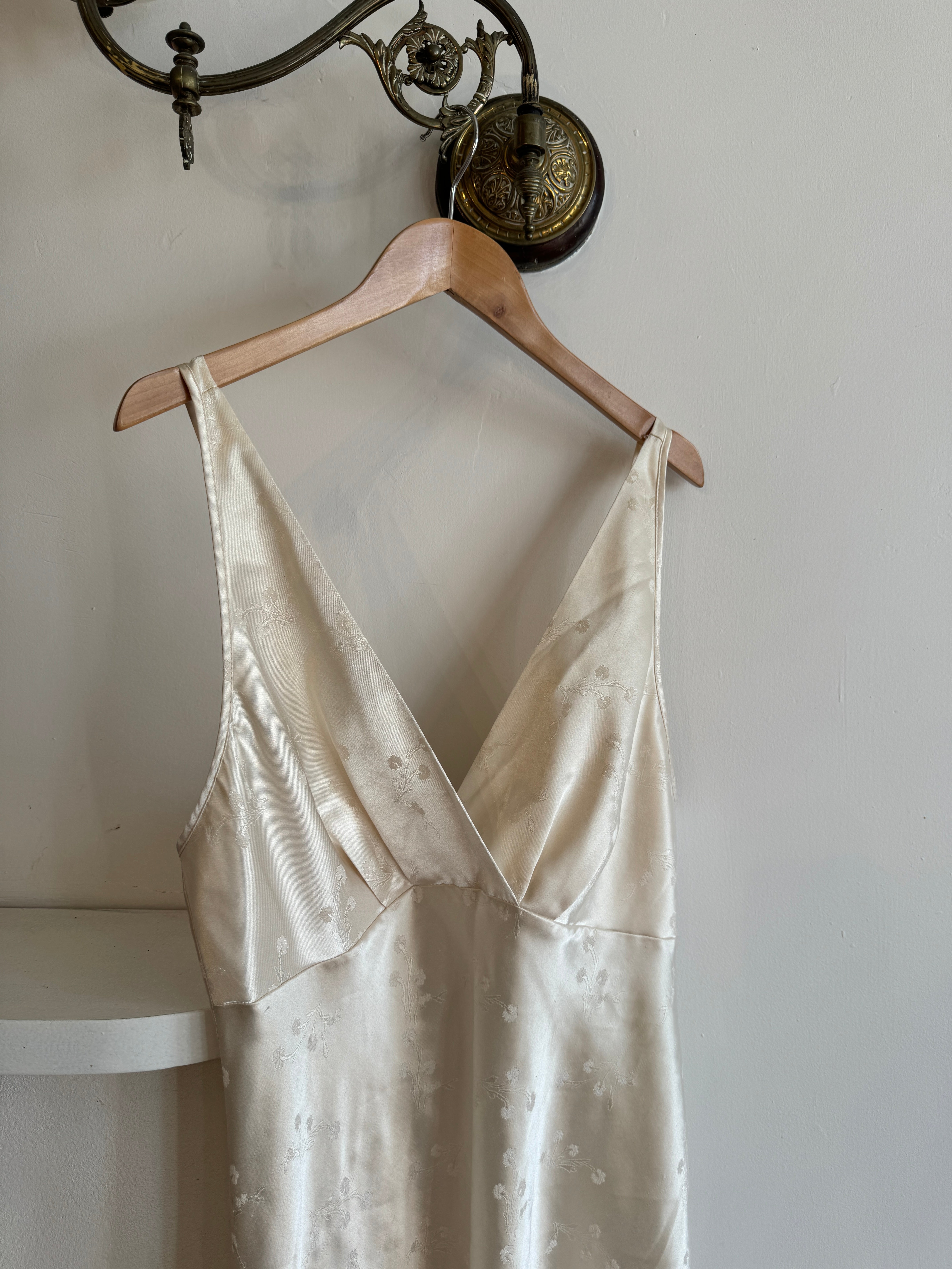 Vintage Champagne Satin Jacquard Floral Slip