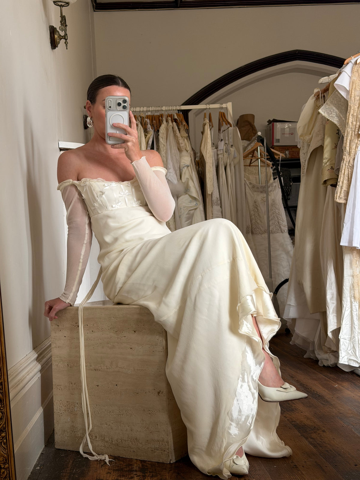Vintage 90s Pure Silk Chiffon Empire Bow Off Shoulder Wedding Dress