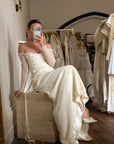 Vintage 90s Pure Silk Chiffon Empire Bow Off Shoulder Wedding Dress