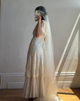 Vintage 70s Creme Tiered Lace Wedding Dress with Pleats