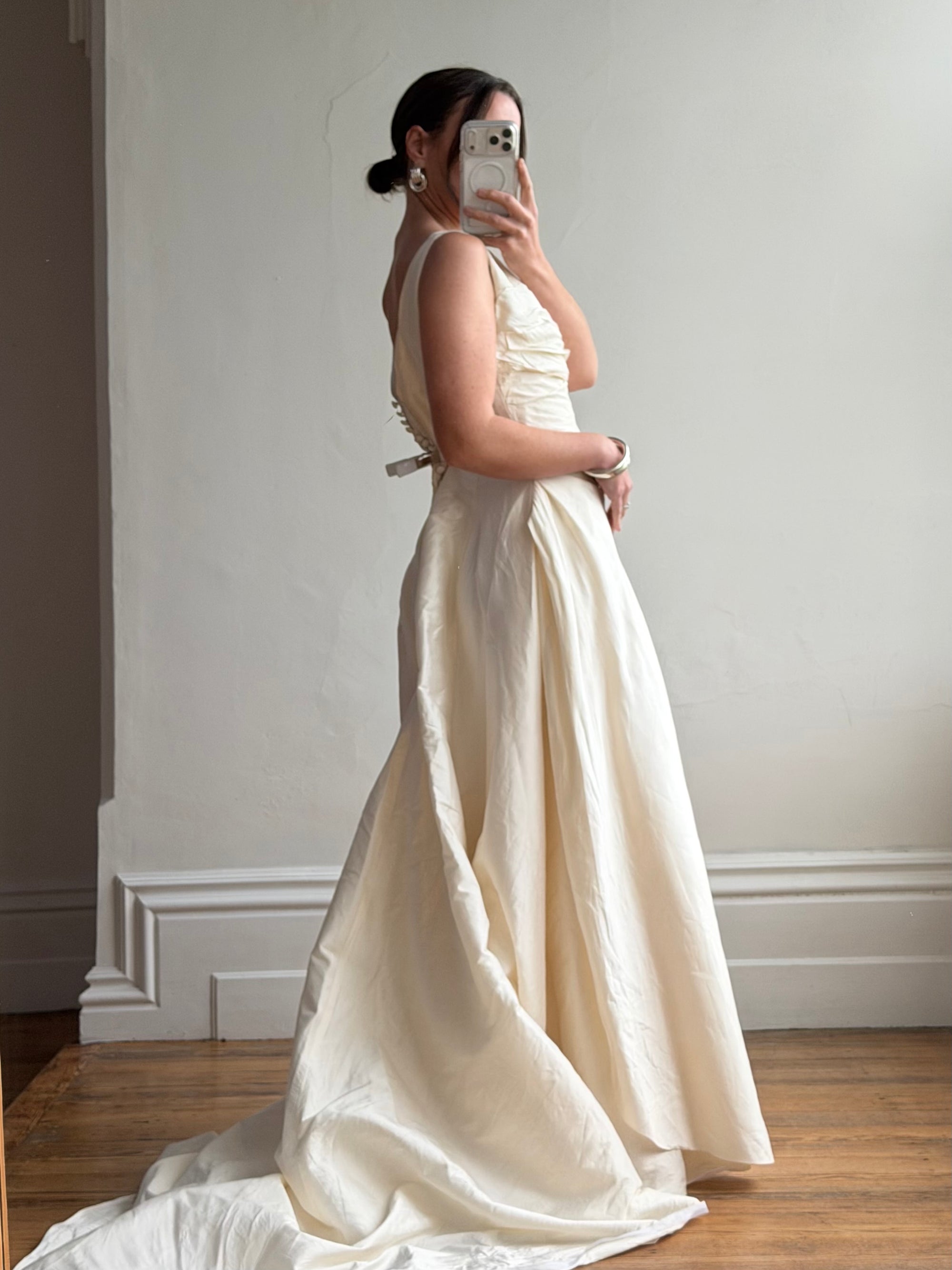 Vintage 90s Ivory Silk V-Neck A-Line Wedding Gown