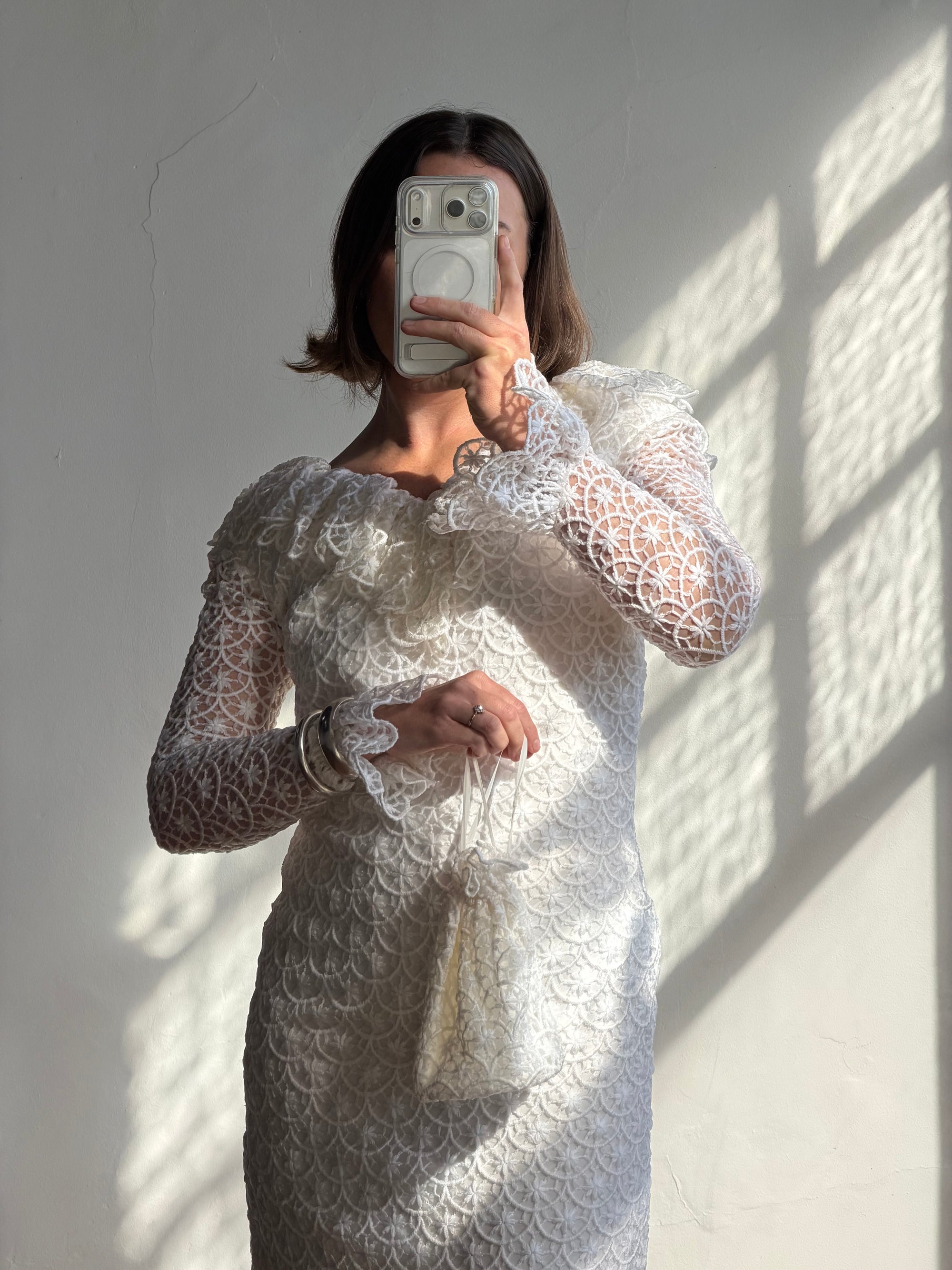 Vintage 90s Italian Crochet Column Frill Dress with Matching Bag
