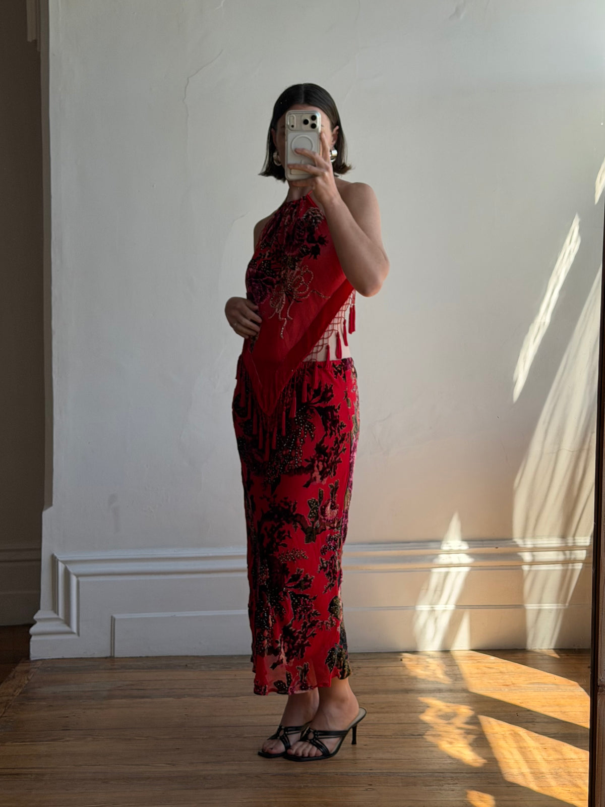 Vintage Y2K Burnt Velvet Beaded Fringe Halter and Skirt Set Crimson