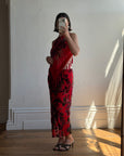 Vintage Y2K Burnt Velvet Beaded Fringe Halter and Skirt Set Crimson