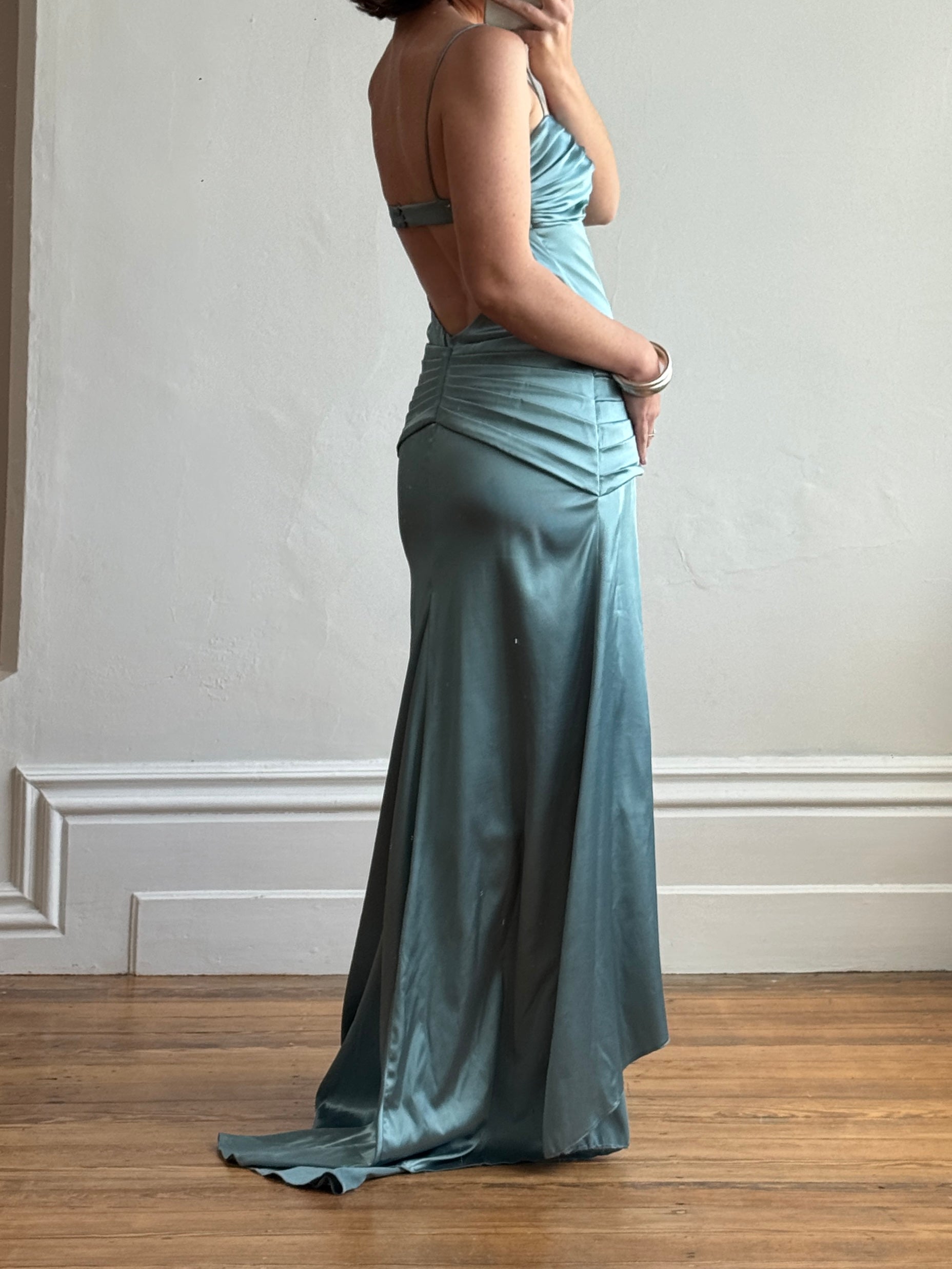 Vintage 90s Teal Satin High Low Prom Dress