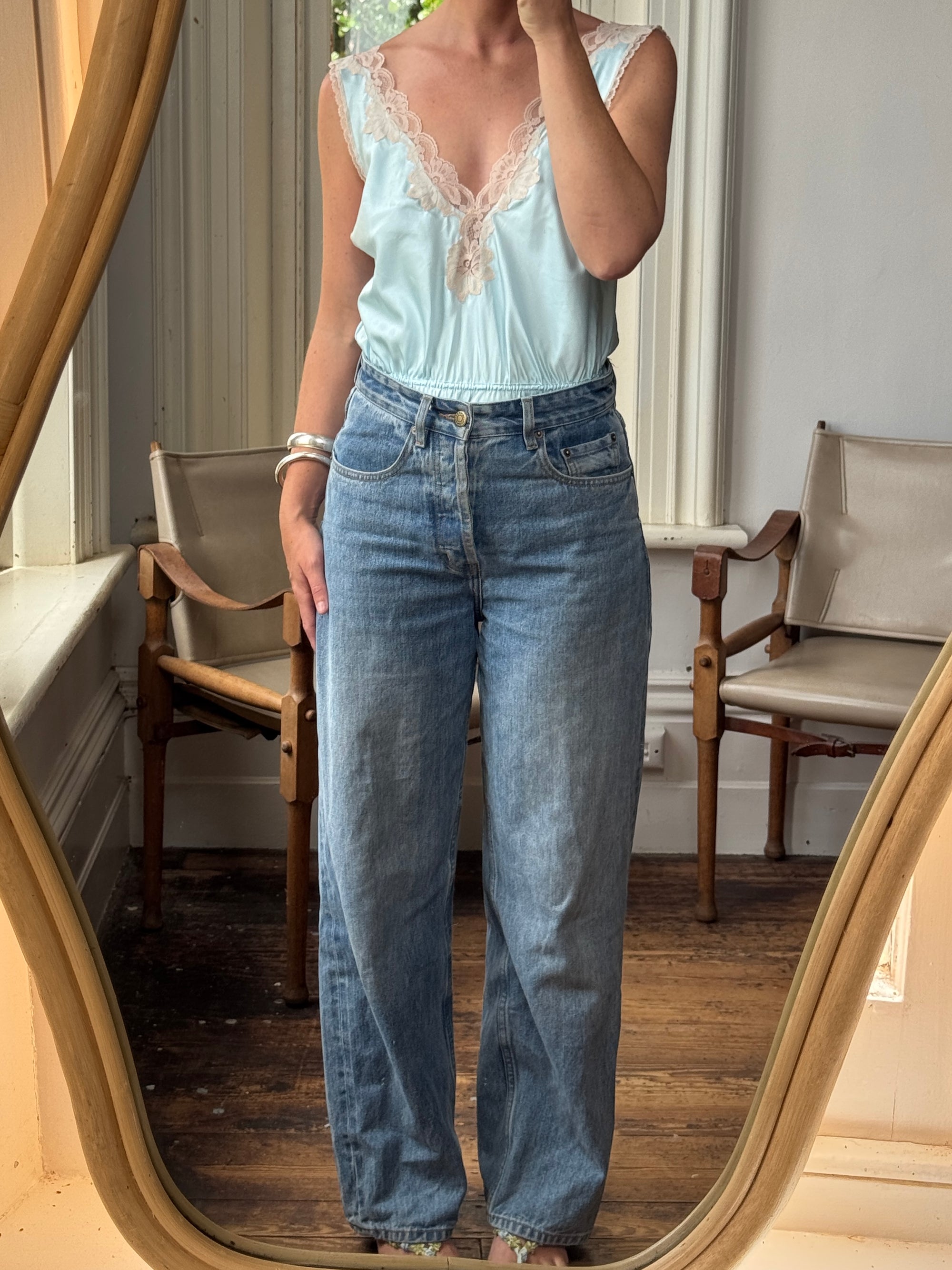 Vintage 80s Baby Blue and Creme Satin Bodysuit