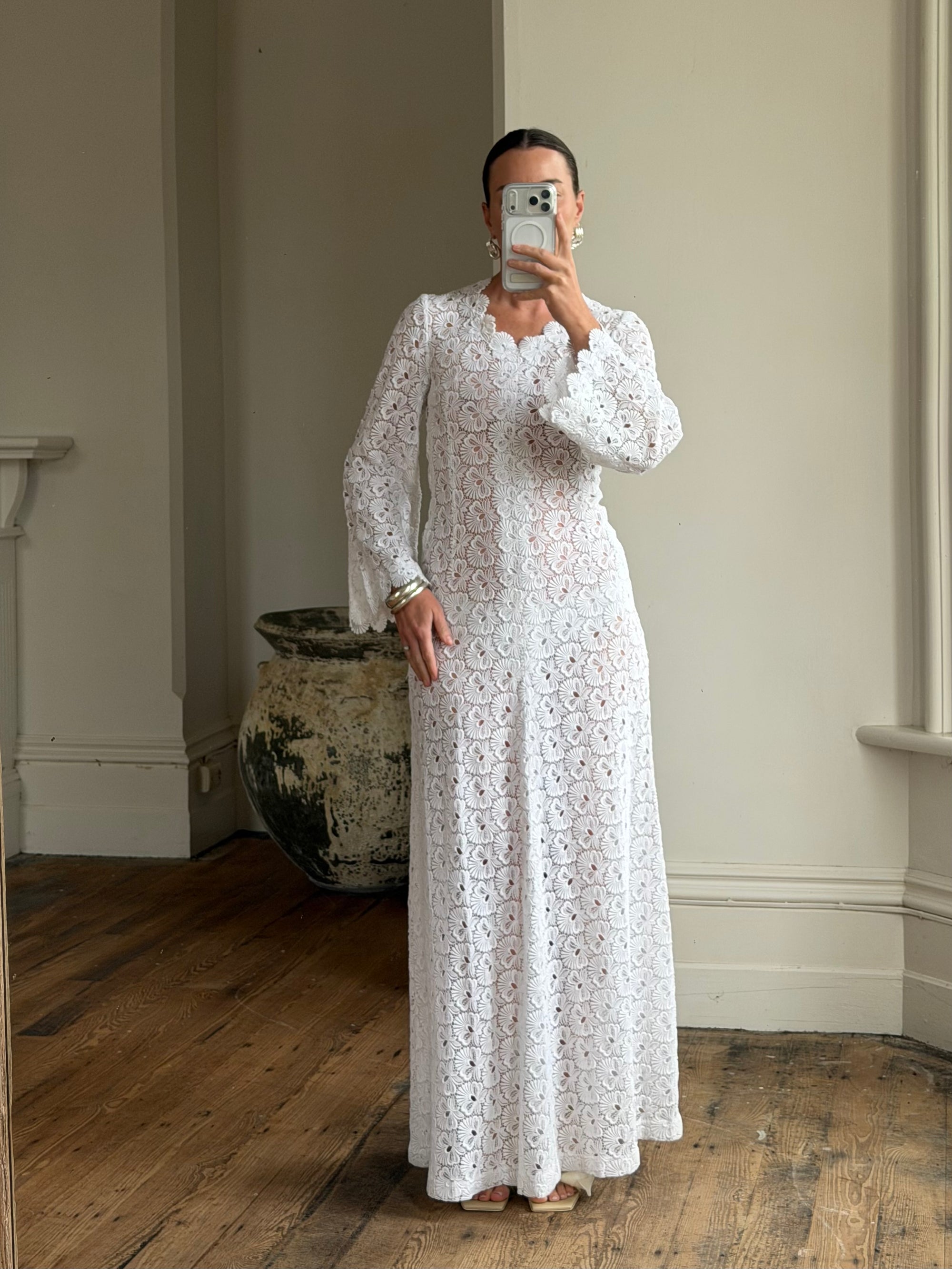 Vintage 60s Crochet Lace Long Sleeved Wedding Gown
