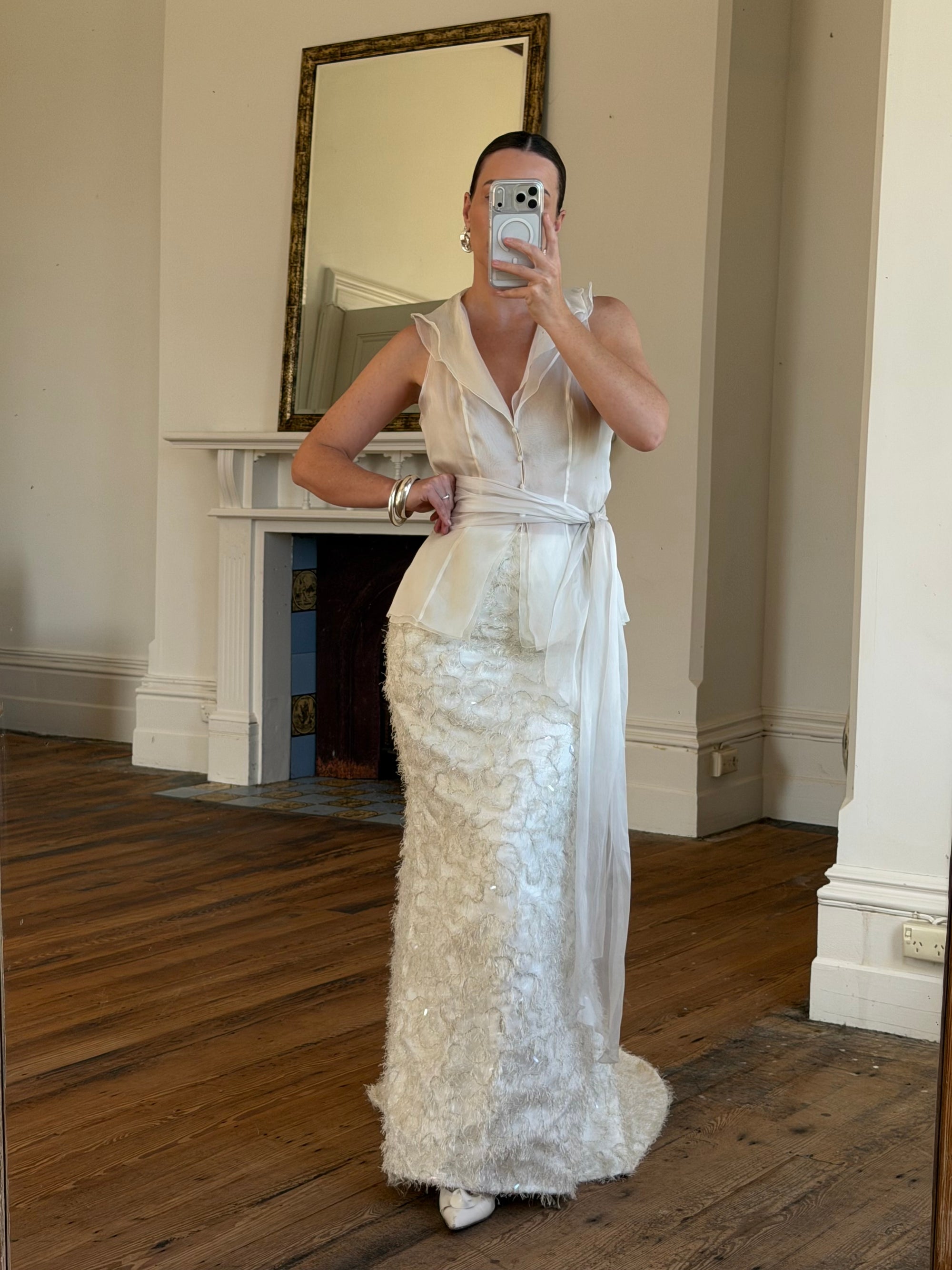 Vintage 90s Italian Organza Tie Top and Feather Skirt Bridal Set